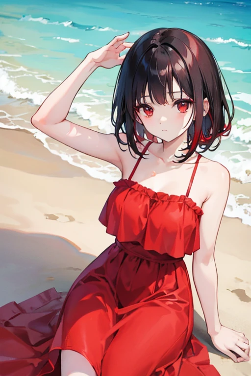 A black haired woman with brown eyes is at the beach with a red haired woman with red eyes in summer dresses