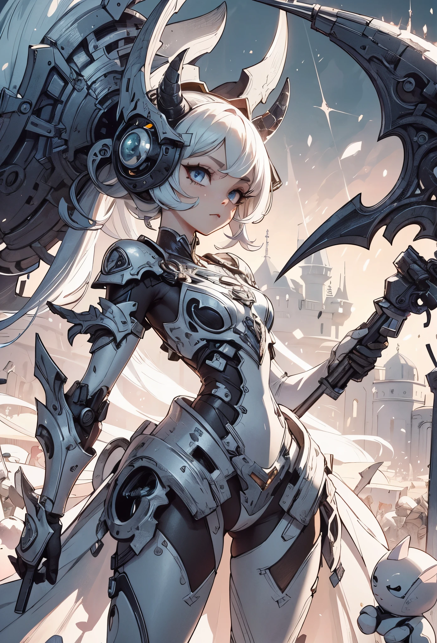 (detailed illustrations,Very detailed and precise drawing,Delicate drawn lines with tempo,Realistic texture expression),[color traced main line],(Fantasy World Battlefield Background [burning castle]),(GIRL ROBOT  (White Devil [METALFACE[lenticular iris]] (SKINNY)) [WEAPON MACHINE][milky],[BODY with EDGE [Transparent material]],[use an ax as a weapon],[[Mobile Weapon Gigant Size][science fiction mechanical]],(Pearl white luster on the body surface),(intricate and beautiful decoration [Dense detail]),(Precisely drawn face)[perfect eye details(Beautifully detailed iris)[eyes like jewels]],[long and beautiful eyelashes],[precisely drawn hair [Beautiful and shiny hair details]],(perfect hand details [Beautiful fingers with no damage [beautiful nails]]),(perfect anatomy(perfectly balanced proportions))[[full body portrait]],[ideal color coordination(Accurate simulation of light and material interactions)],[Visual art that tells a story].