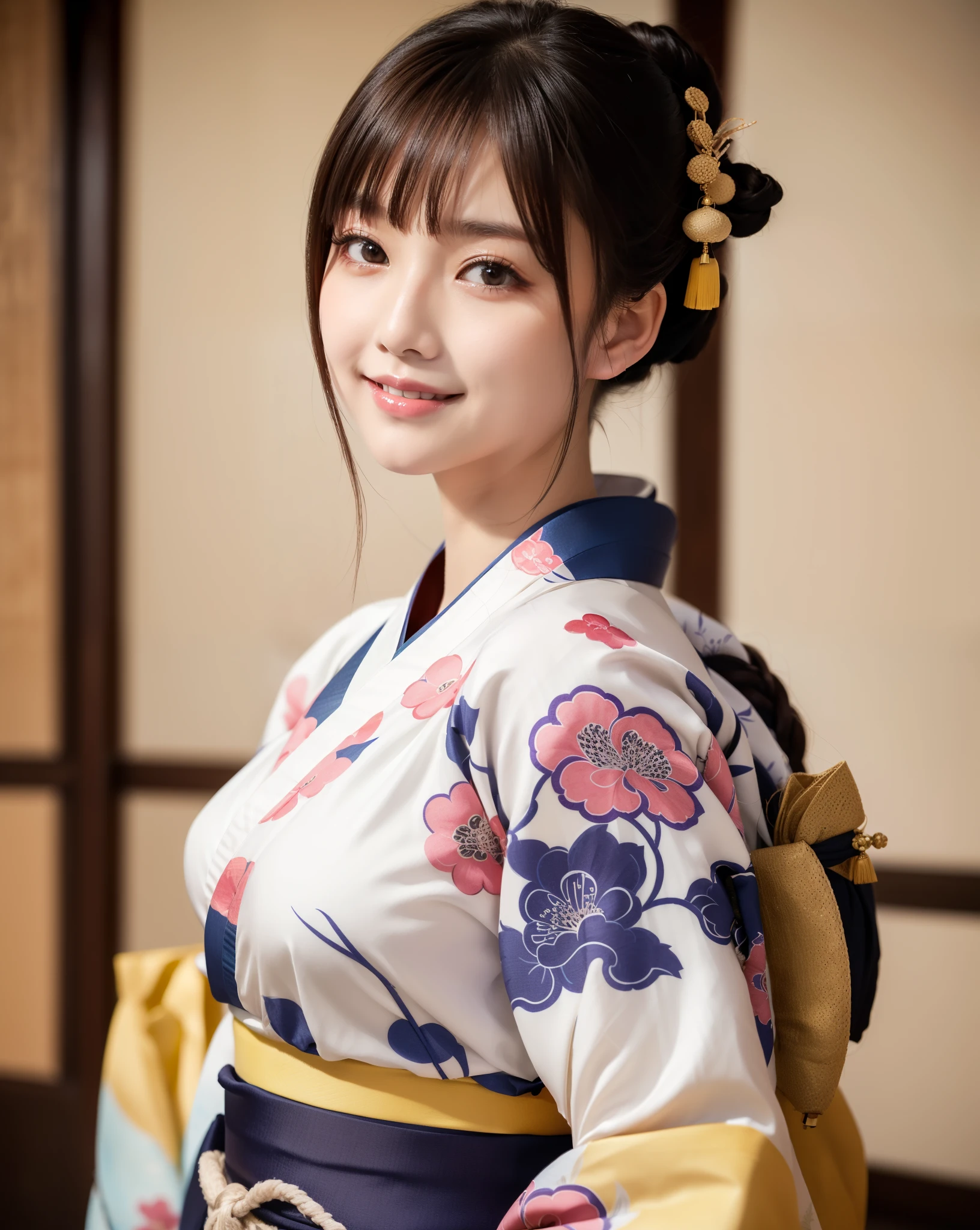 (happy look:1.26)、RAW photo、(((Ultimate Beauty Full Body Shooting)))、((glowing skin))、1 girl、bright look、((brown hair))、Counterpoint shots、((super detailed))、(perfectly detailed face)、(detailed hands)、photorealistic images、((masterpiece、最high quality、super detailed、film light、intricate details、High resolution、very detailed))、detailed background、8KUHD、Digital single-lens reflex camera、soft light、high quality、film grain、Fujifilm XT3 、shallow depth of field、natural soft light、Kamimei、One beautiful Japanese model, 15-year-old female model,  4K、Super high quality、bangs、black haired、Kyo Yuzen、(kimono, Furisode:1.5)、(Super cute face with idol style:1.4)、slim and beautiful body、beautiful breasts、laughter、Full body Esbian:1.2、