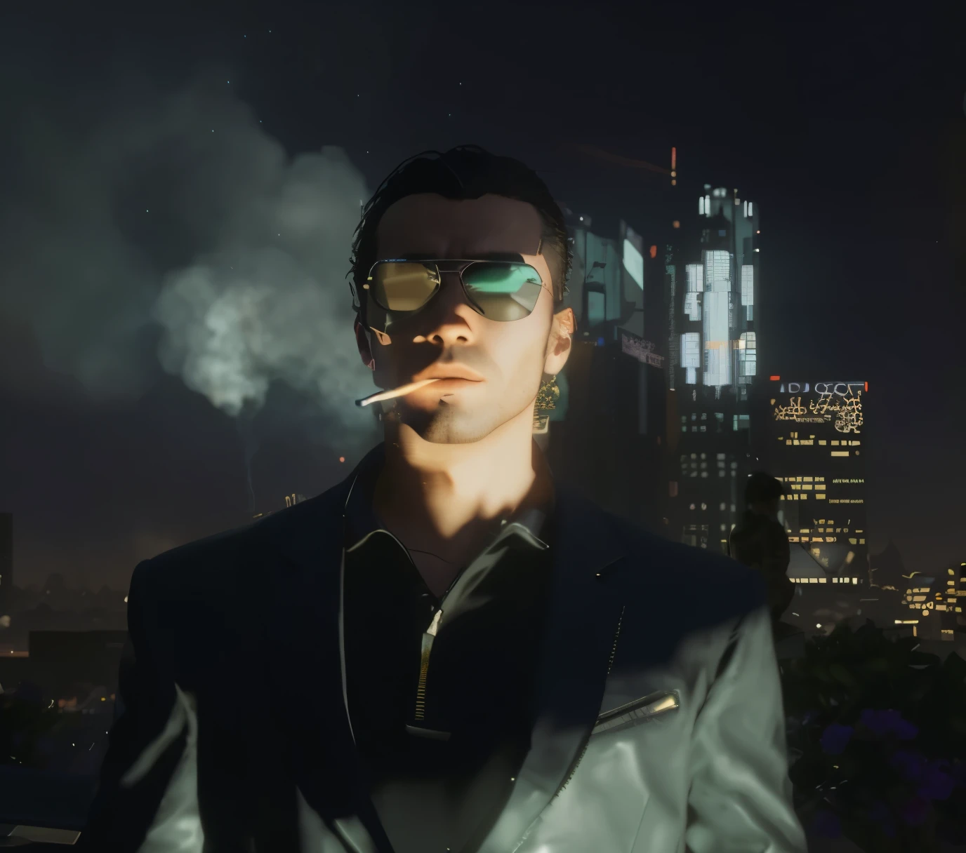 homme en costume fumant une cigarette devant les toits de la ville, technologie battue. neo noir style, neo noir style, art cyberpunk ultraréaliste 8k, cyberpunk noir, dans Cyberpunk 2077, decoration, Mec Cyberpunk style de cyberpunk 2 0 7 7