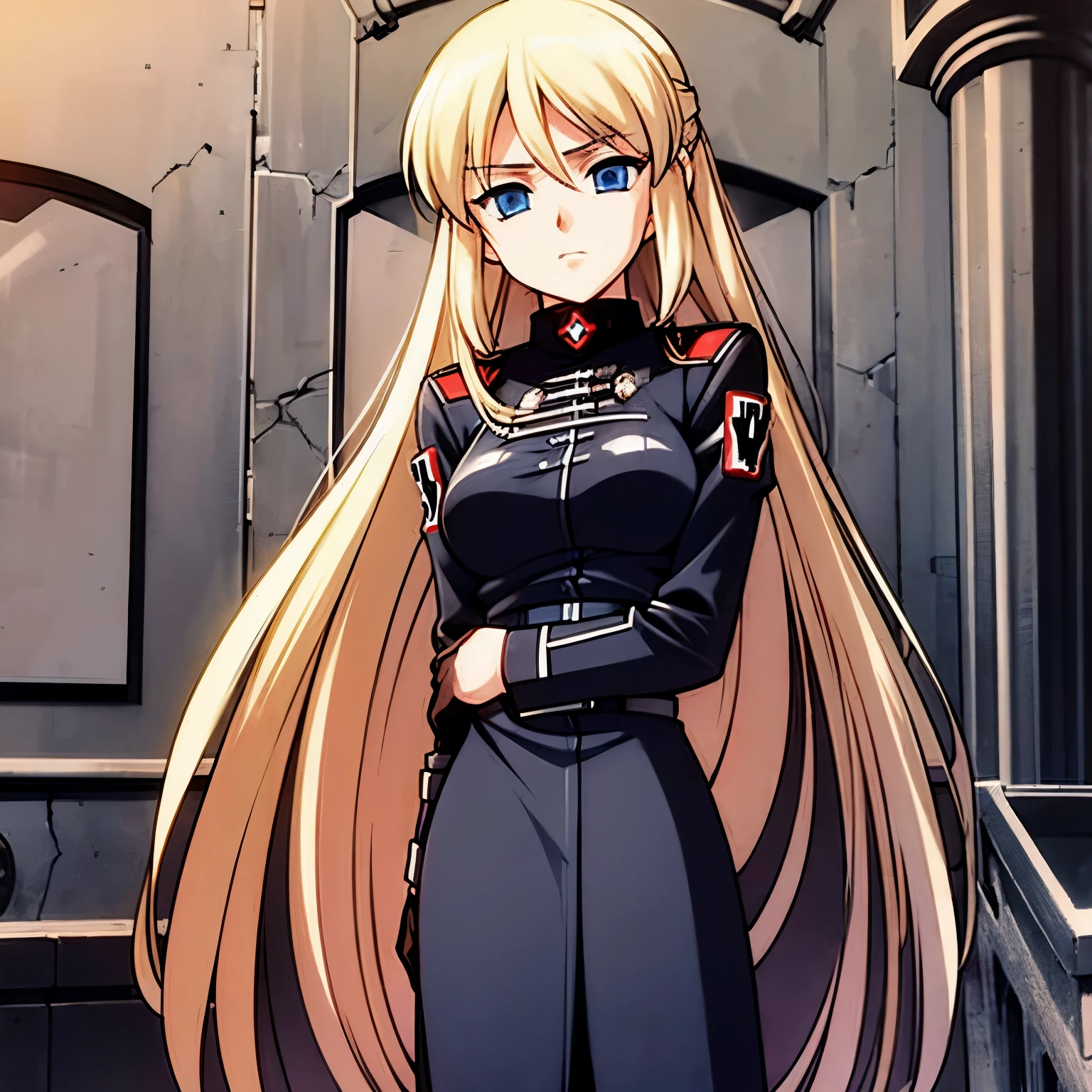 blonde blue eyes beautiful female Nazi SS,wearing a long coatTie a knot at the back,madness