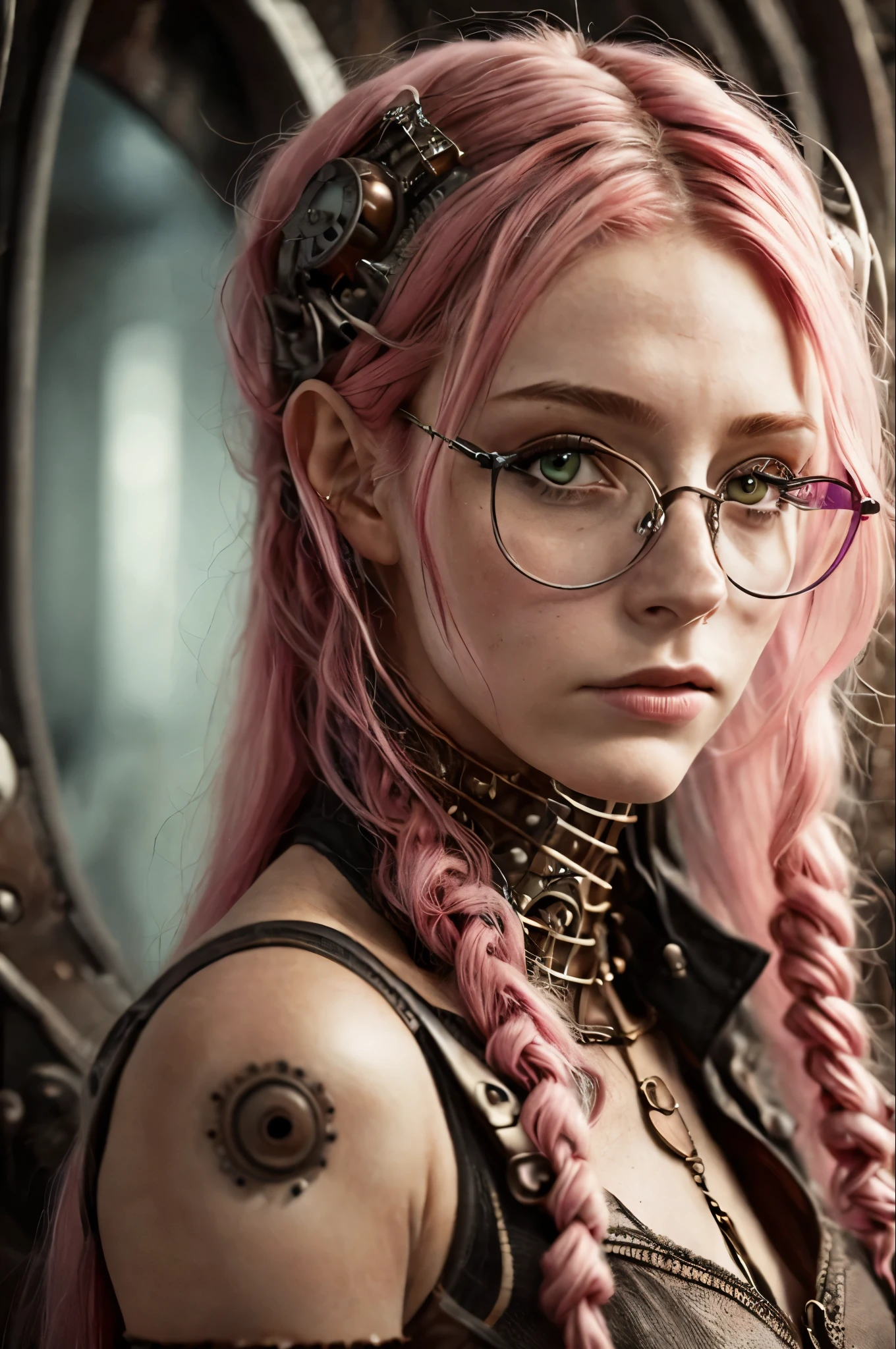 (Realisttic:1.2), analog photo style, Beautiful Elf woman, posing, with freckles and glasses and long pink hair braided, (steampunk dark fantasy atmosphere), soft natural light, cute and sexy, great quality, Masterpiece, detailed strange background, better performance, 16k quality, RAW photo