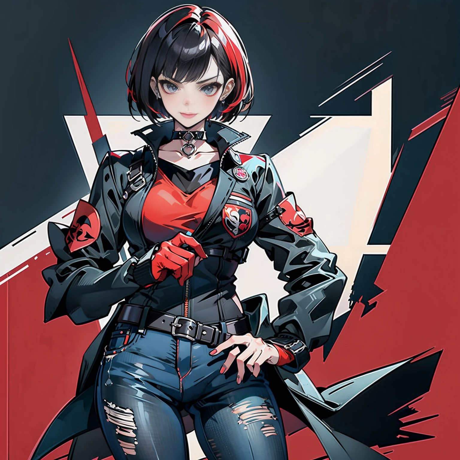 in the art style of persona5 and in the art style of street of rage 4, delinquent, (sukeban), mature_female, blush, mature, older woman, 25 years old, Sukeban teacher outfit, (1girl, solo female, solo, solo focus)++++, choker, sukeban teacher, sukeban fighter, long_sleeves, open jacket, blue jacket,( jean)+++, light skin tone female, (full body)+++++, jacket, biker jacket, tape, arm_support, gloves, red_gloves, bridal gauntlets, nail polish, boots, black_footwear, fighter outfit, (full body)+++++++, hourglass, mature face, cheeky smile, cheeky face, wrinkles, (red hair, short hair, bob cut, earrings, ear piercings), red eyeighting art, Martial arts, standing, fighting_stance, fight, fighting), extra colors, 2D, megapixel, perfectionism, accent lighting, full HD , (Masterpiece:1.2), (full-body-shot:1),(cowboy shot:1.2), (Highly detailed:1.2),(anime Detailed Face:1.2), Colorful, A detailed eye, (Detailed landscape:1.2), (natural lighting:1.2), ((sukeban school teacher)) by Vincent Di Fate: Aidyllery, Anamorphic Shot, rule of thirds, face by Artgerm and WLOP,