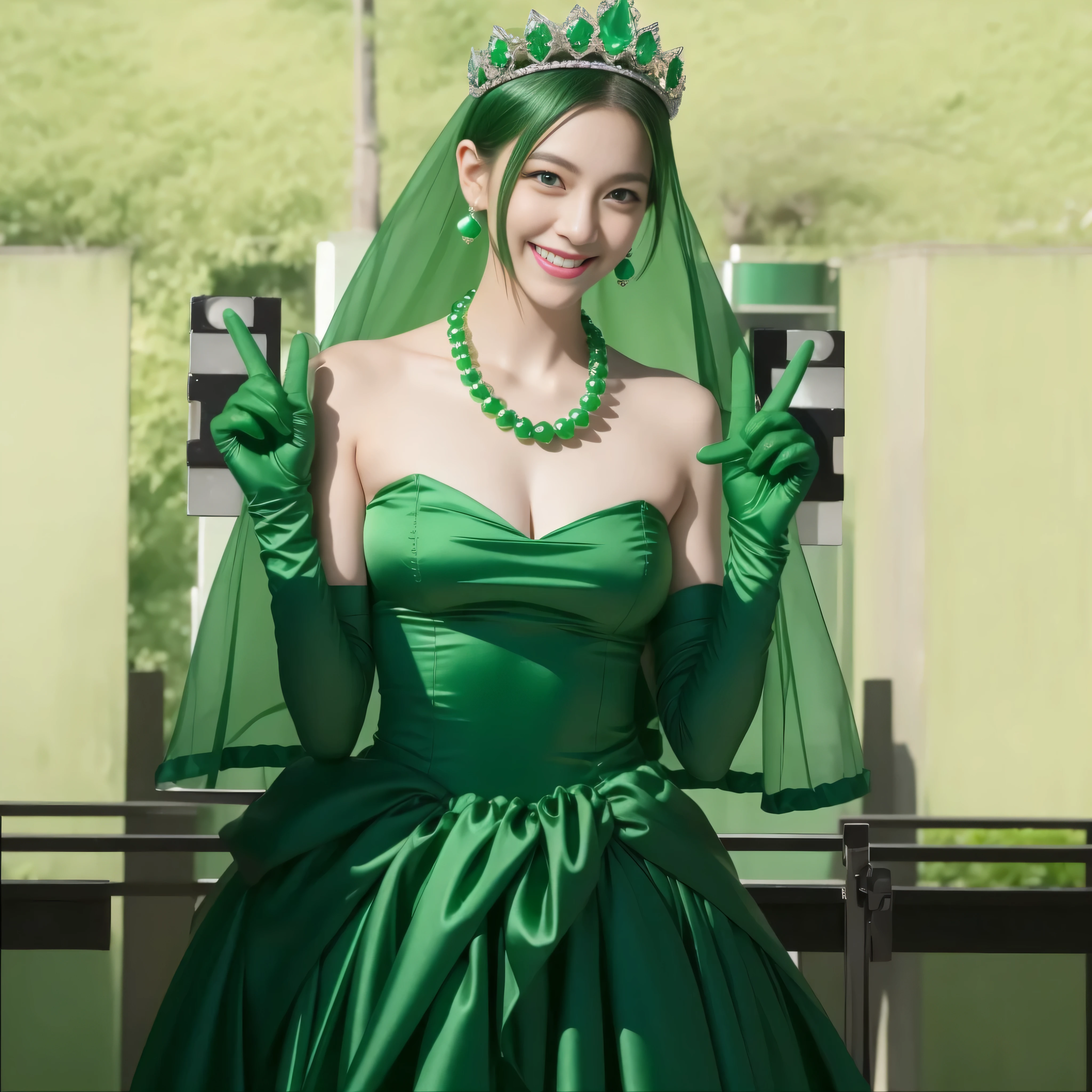 emerald tiara, Green Pearl Necklace, Boyish very short green hair, lipstick, Japan woman smiling, very short short hair, big breasts beautiful, green eyes, Long green gloves made of satin material, green eyes, v sign, Emerald Earrings, green vale
