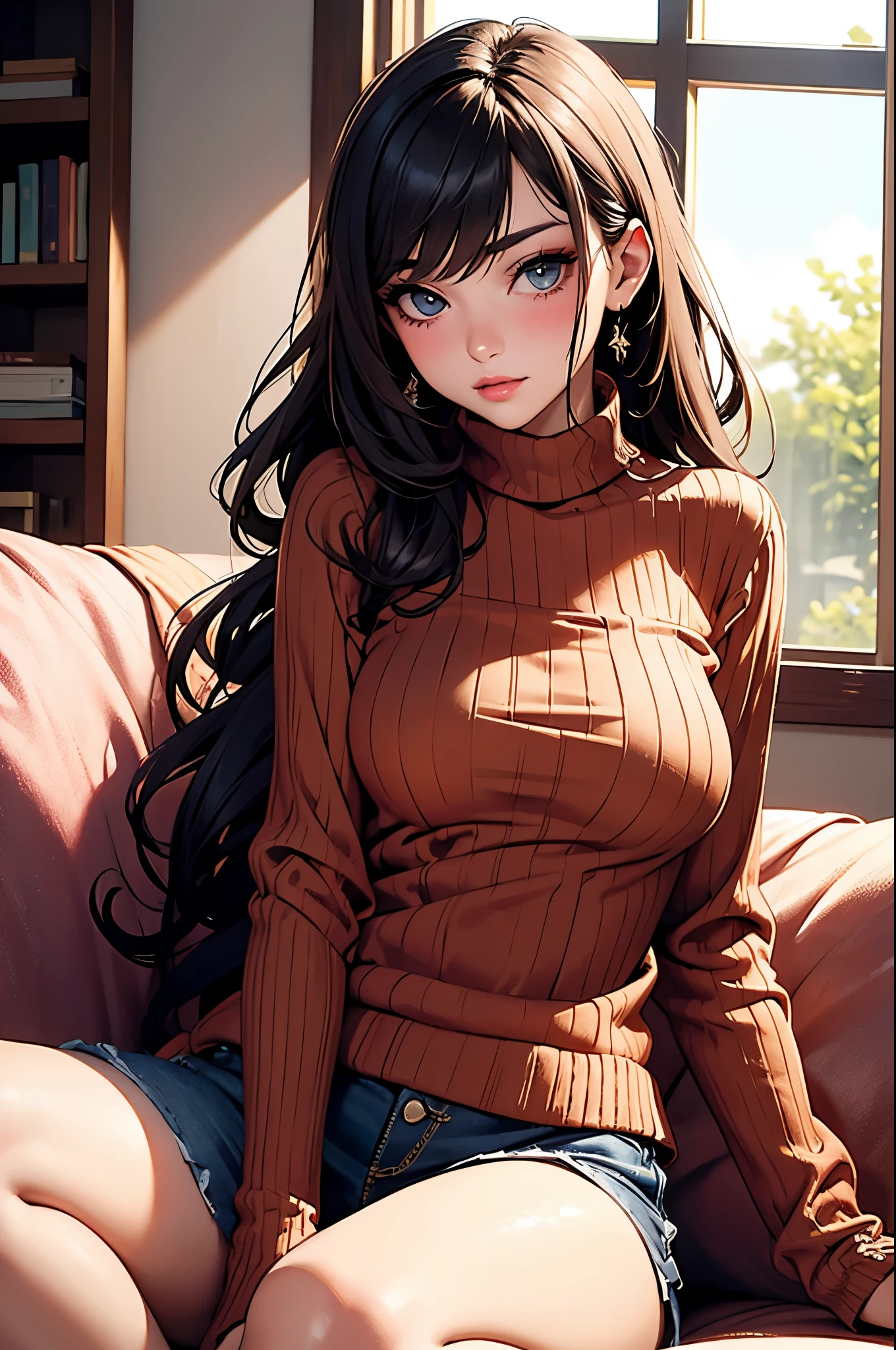 Sexy woman, perfect hair, amazing makeup, seductive gaze, blushing intensely, ready to kiss, long oversized sweater, sitting comfortably on couch, window, natural light beaming through window, beautiful face, seductively gazing at us, very seductively provocative 