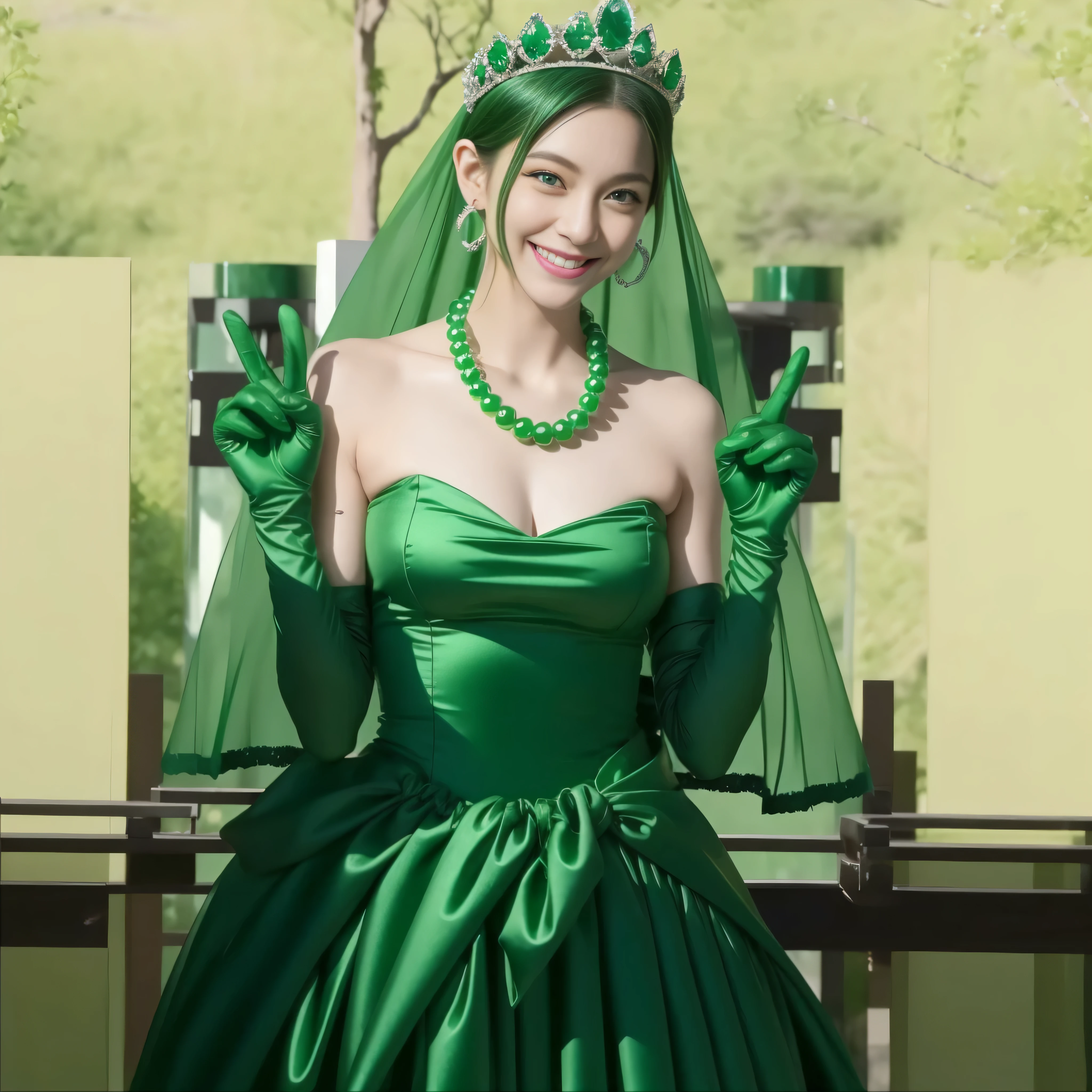 emerald tiara, Green Pearl Necklace, Boyish very short green hair, lipstick, Japan woman smiling, very short short hair, big breasts beautiful, green eyes, Long green gloves made of satin material, green eyes, v sign, Emerald Earrings, green vale