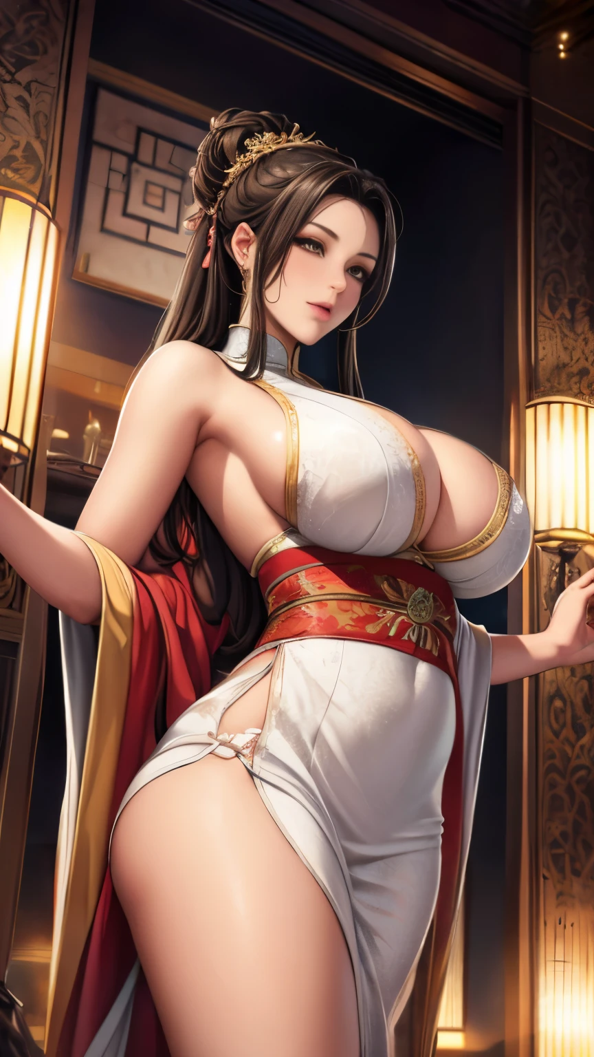 Avalokitesvara,Absolute God,asian goddess,Hair tied up,There a golden headband on the bunned hair,exquisite facial features,White lace dress,sleeveless,Smooth thigharefoot,huge tits:1.3,Exposed:1.2,look at the audience,The character centered,Symmetry diagram,station:1.3,whole body:1.3,from below:1.4,leg shot