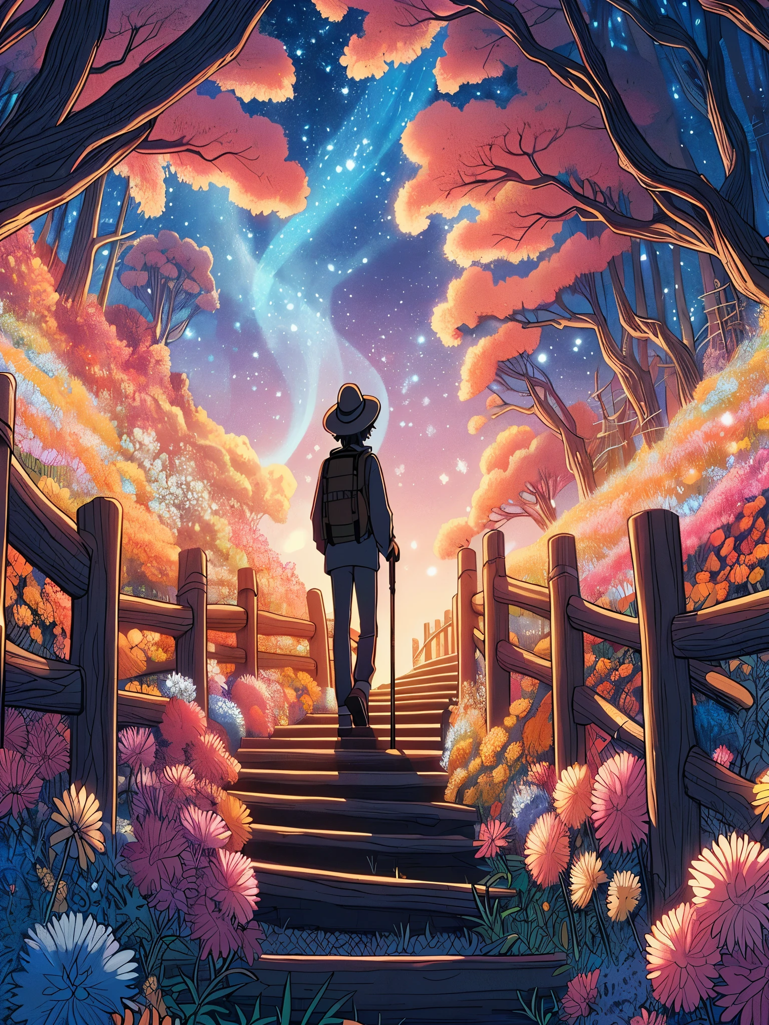 Draw an anime simple art scene of a man with hat and trekking pole Amidst the kaleidoscope of unearthly blossoms, staircase, wooden fencing, the adventurer discovers a hidden path weaving through trail full of wildflowers, the celestial sky, lofi, ghibli style, vibrant color tones, sunset, mysterious trees