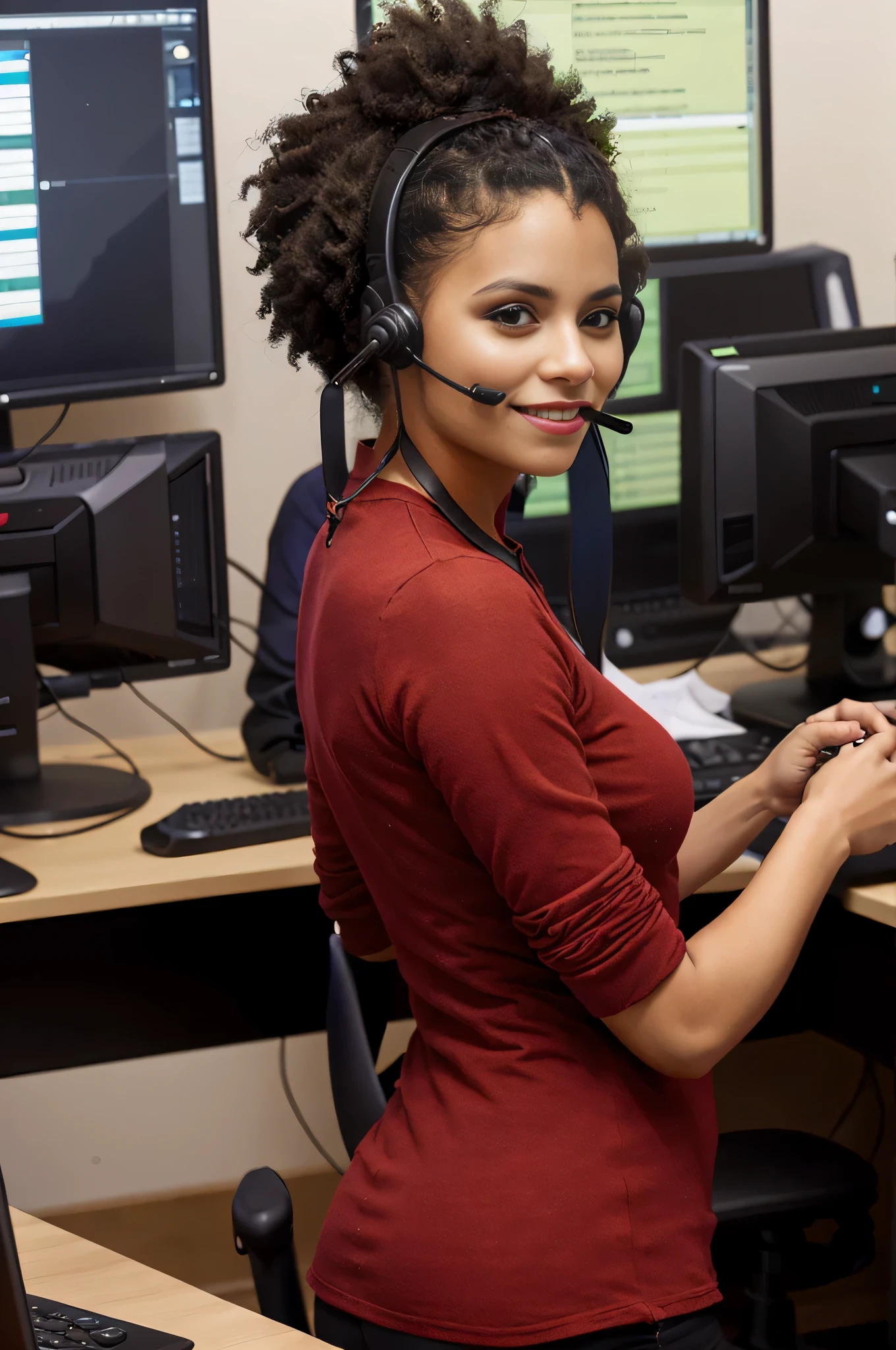 Photo of beautiful Caucasian woman, Zazie fotorrealista, Fundar, absurdos, ((en la oficina, haciendo telemarketing)), fondo varios computadores en cubiculos
