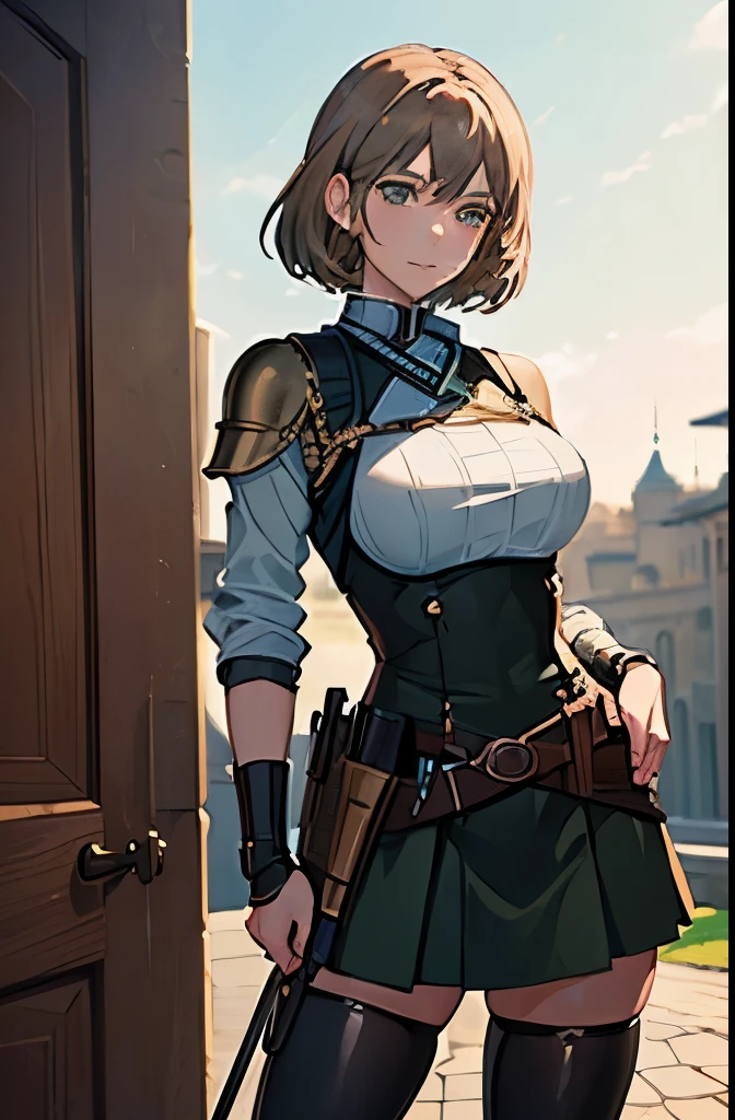 (masterpiece, flawless quality, perfect eyes, anime style:1.2), 1girl, solo, looking at viewer, leggings, cowboy shot, (hitch dreyse, green eyes), brown hair, (full_armor), large_bust, roman_armor, legs, skirt, smirk