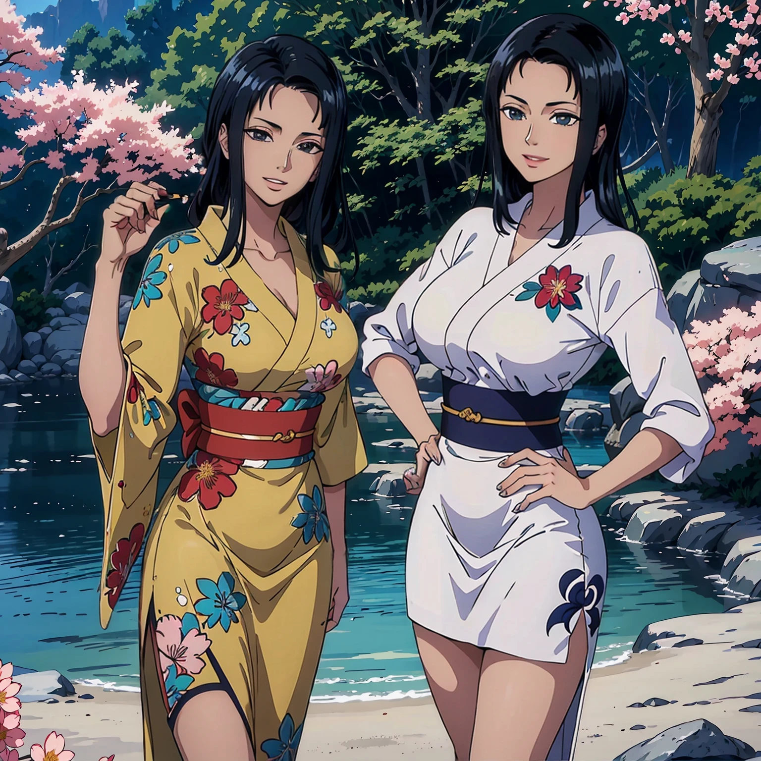((melhor qualidade)), ((obra de arte)), ((realista)), Girl with impeccable beauty standing in a serene Japanese garden with cherry blossoms at eye level, scenic, obra de arte, (high resolution), Original, extremely detalheed 8K , (photorealista:1.4),flawless face, olhos perfeitos,forma do corpo symmetrica,sorriso,