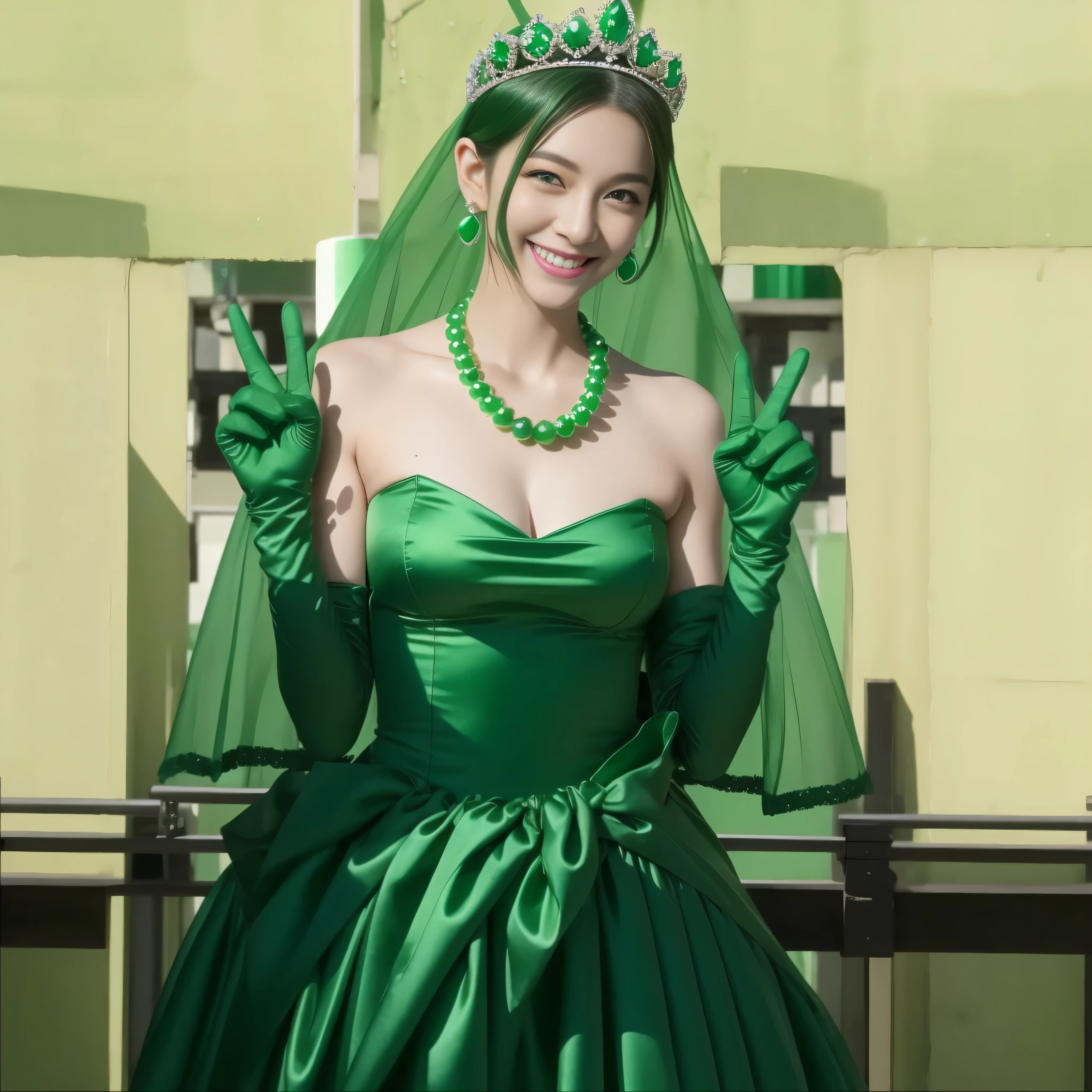 emerald tiara, Green Pearl Necklace, Boyish very short green hair, lipstick, Japan woman smiling, very short short hair, big breasts beautiful, green eyes, Long green gloves made of satin material, green eyes, v sign, Emerald Earrings, green vale
