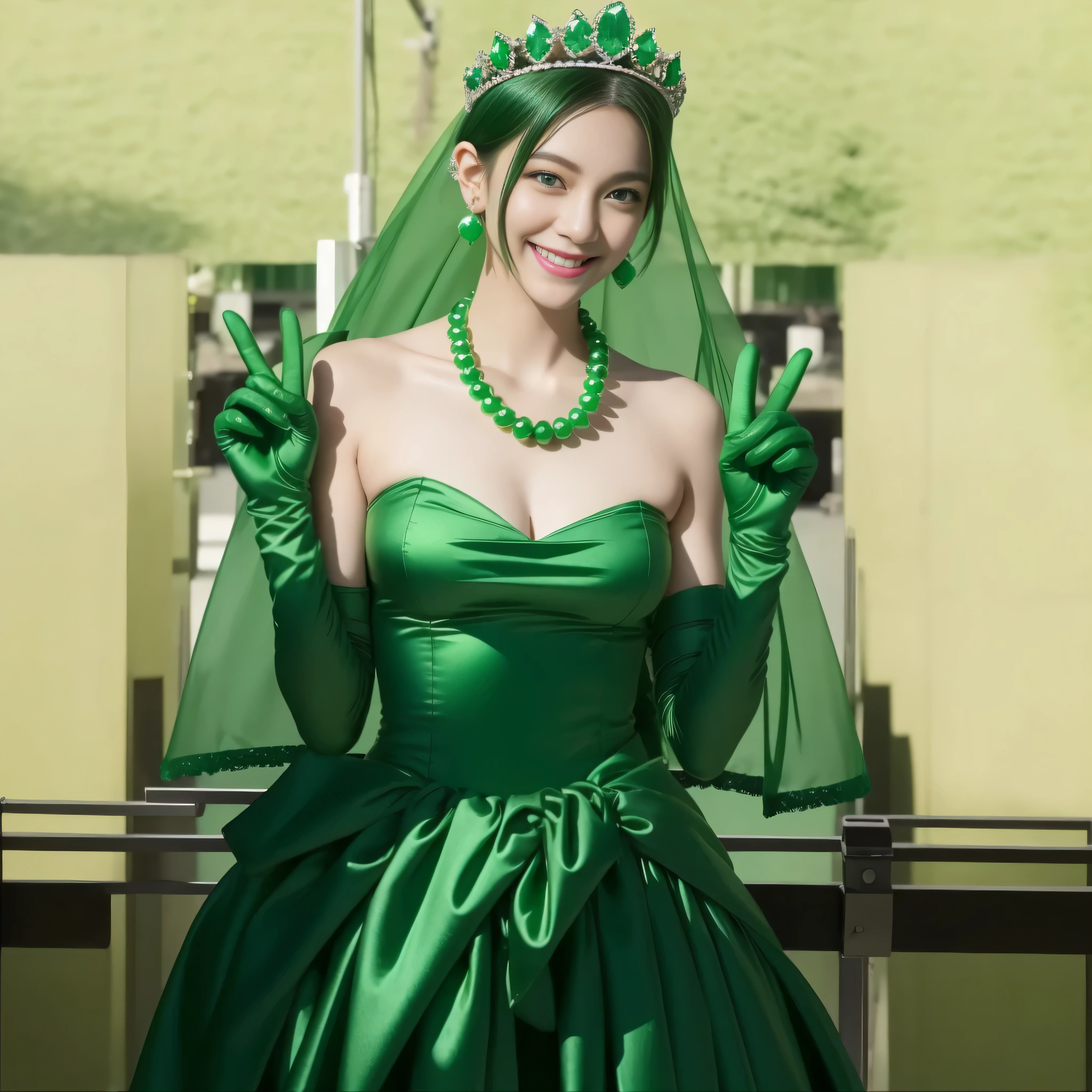 emerald tiara, Green Pearl Necklace, Boyish very short green hair, lipstick, Japan woman smiling, very short short hair, big breasts beautiful, green eyes, Long green gloves made of satin material, green eyes, v sign, Emerald Earrings, green vale
