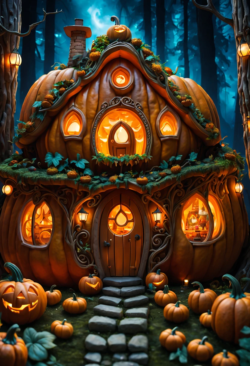 There a pumpkin house in the enchanted forest,Beautiful carvings on pumpkins,hollow,Warm lights inside pumpkin,Cute little animalujiman