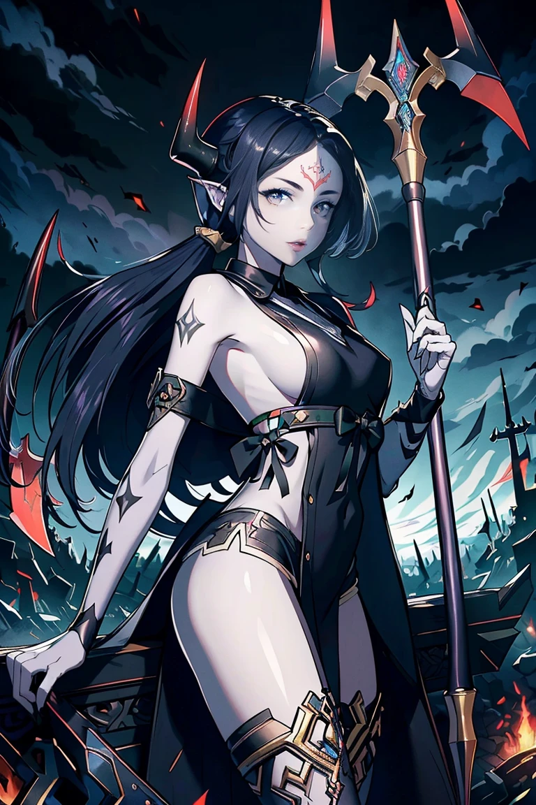 (best quality,4k,8k,highres,masterpiece:1.2),ultra-detailed ,dark, hauntingly beautiful, ethereal, divine, otherworldly, powerful, mystical, fierce, majestic, mysterious, enchanting, elegant, ominous, alluring, goddess, war, reaper, divine, dark veil, floating, glowing, flowing robes, delicate, detailed features, piercing eyes, radiant skin, intricate tattoos, holding a scythe, surrounded by a melancholic mist, moonlight casting a pale glow, vast graveyard, souls ascending to the afterlife, hauntingly beautiful flowers, solemn atmosphere