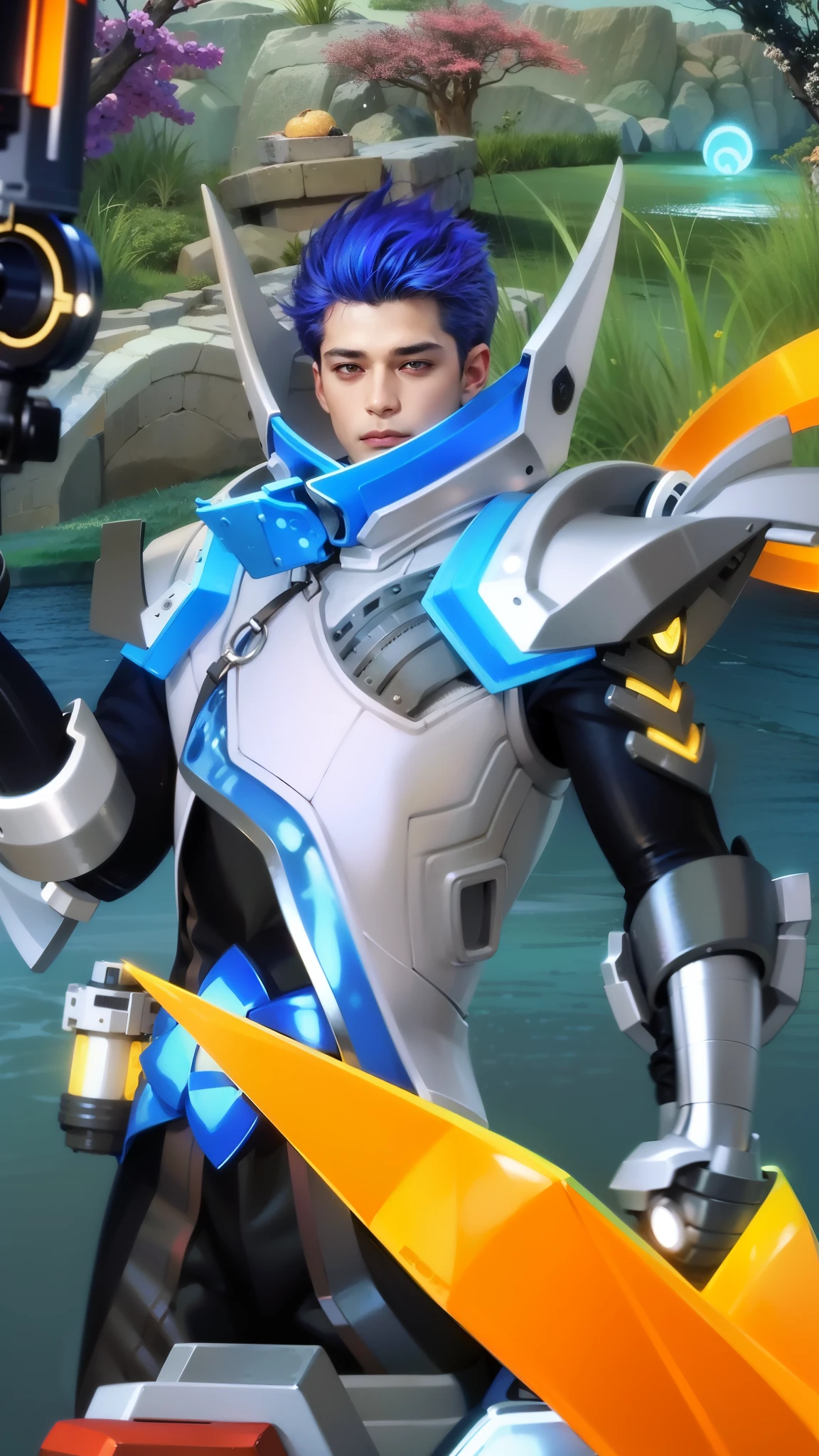 masculine male, masterpiece, ((perfect eyeest quality, (semirealism:1.9), beautiful lighting, (extremely detailed CG unity 4k fhd wallpaper), High Detail, Sharp focus, dramatic outdoors, 1 boy ,19 years old, blue hair, light purpel eyes, 1boy,blue hair, best quality, photo, 4k,looking at viewer,full body,wear red armor.