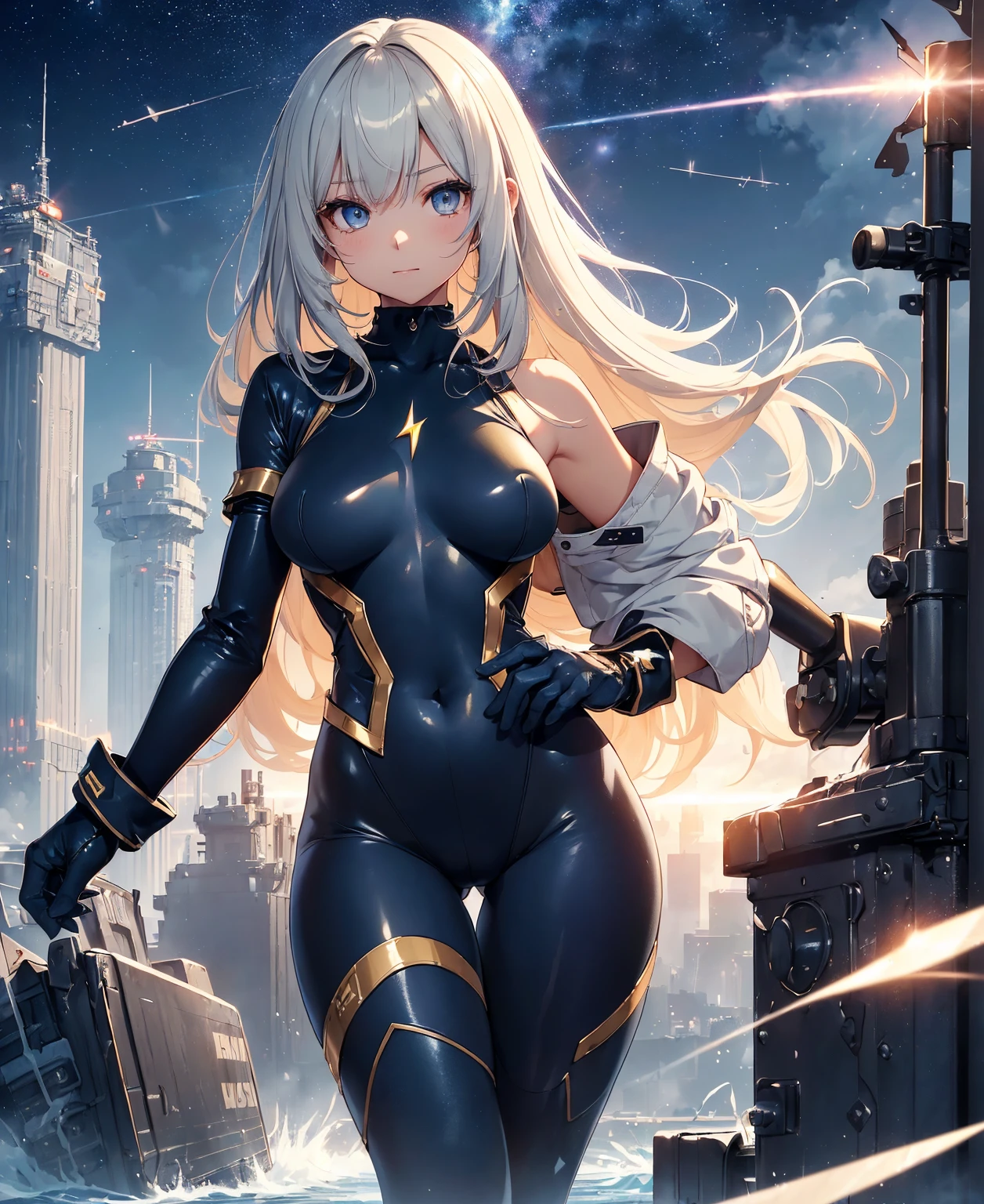 BREAK、(look at the audience、(若いcute美しい18歳の女の子:1.1)、Japanese faces、small face、3d face、beautiful girl、beautiful face、cute、Girlface、Kpop idol、Supermodel、Stunning innocent symmetrical face、perfect body、thin slim waist、make your legs thinner、(high detail skin:1.2)、shining eyes、goddess、natural skin texture、shiny skin、white skin、美しいdetailed face、detailed face、real skin texture、cute繊細な顔、detailed face、golden ratio、golden ratio率顔、gentle smile、soft expression、Expressive Ace Perfect、perfect skin、clear face、shiny hair、natural makeup、beautiful bright pupils、eyes are blue:1.3、Slender body shape、complicated eyes、long eyelashes、blush、good hand、perfect hands、clean face、Fine-grained skin、油性のshiny skin、(((((navy blue and black tight bodysuit、tight fitting clothes、clothes that cover the whole body、clothes that hide skin、gentle smile、Knee-high boots、(gloves up to the elbow:1.8)、(Clothes that hide the thighs:1.8)、(clothes that hide the legs:1.8)、exoskeleton、Science fiction、dark blue hair、very long hair、(human body as a whole:2)、(lightning discharge lightning effects:1.2)、(Electrocution:1.3)、Hold the gun、battle、(electric sparks、spark of light、Flying bullets、Dodge bulletuildings hit by missileuture technology drones hit laser weapons:1.3)、adventurous look、starry sky、colorful refraction、ワームホールのような幻想的なWind景の世界、cyber punk、Manufacturing of metal textures、neon light、(night time:1.4)、Wind、rembrandt lighting、space warp、A gathering fog、Pixel art、game art、Key Visual、Surreal、PBR texturing、Anisotropic filter for maximum clarity and sharpness、Albedo and specular maps、multilayer texture、surface shading、subpixel convolution、Accurate simulation of light-material interactions))))、(Pure Eros Face_v1:0.5)、(Ulsan-6500:0.5)、(ticker:0.6)、Facing the viewer、dynamic angle、dynamic action、dynamic action、(dynamic pose:1.2)、Kick Pose、Hit Action Pose、hit,prepare a sword,riding on motorcycle,head tilt,Legs in your own embrace,Sit leaning against the wall))、(Time Machine、Computer、skyscraper gun、weapons of the future、(Backpack:1.1)、Real World、Plankton rattle field、volumetric fog、gray fog、cigarette、 explosion、apocalyptic、destroyed city background、burning building:1.3、splash of water、starry ski、huge moon、Earth、destroyed giant robot、radio tower、airplane flying overhead、shooting star rocket truck、broken car、derailed train、tank、giant weapon、electronic equipment、Luminous mechanism)
