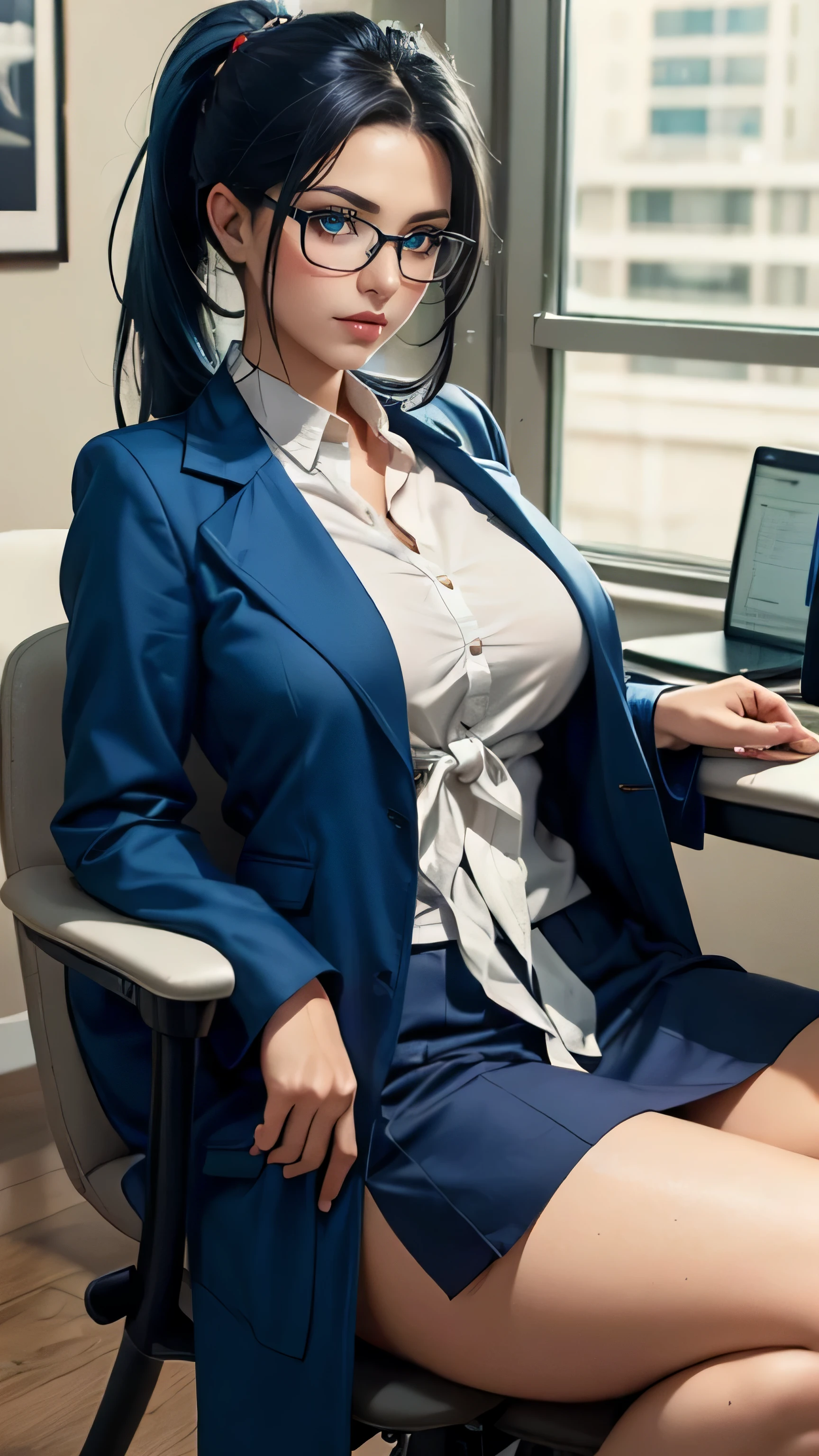 (A beautiful sexy Turkish female who is a demigoddess , blue green eyes and long dark blue hair ,tied to a low ponytail she wears glasses, a blue skirt, and a short blue coat,) (relaxing on her work chair)