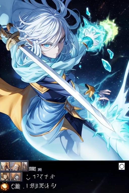 a close up of a person holding a sword in a space, Screenshot of the 2012 animation, This character has the ability to freeze, Energy Man Epic Animation, 2 0 1 9 animation screenshots, a huge god, reincarnated as a slime, flying anime esper, The legendary spear-bearing god, Kuro anime screenshots