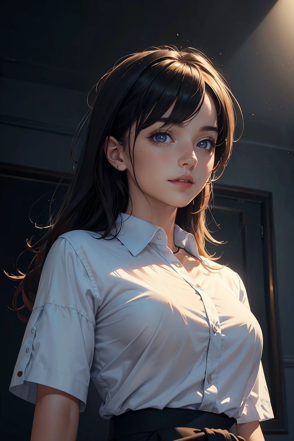beautiful air hostess girl white blouse soaked in shower with wet hair, (masterpiece:1.2) (illustration:1.1) (best quality:1.2) (detailed) (intricate) (8k) (HDR) (wallpaper) (cinematic lighting) (sharp focus)
