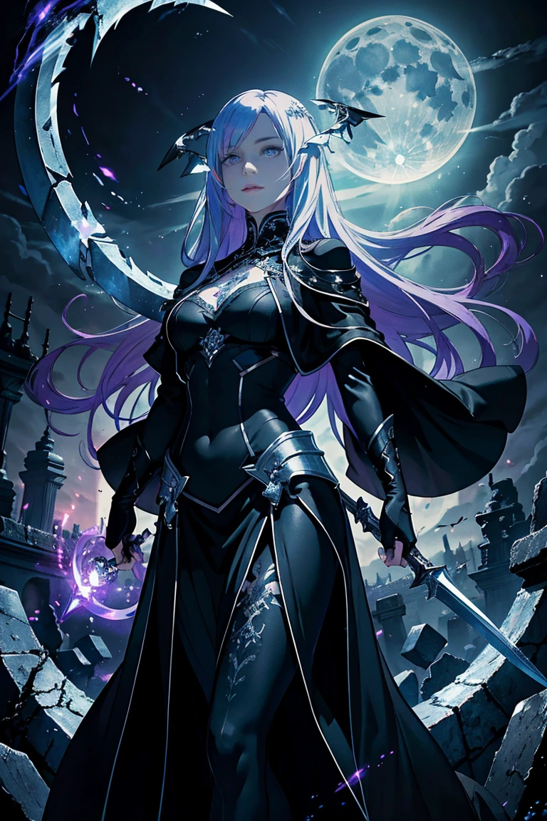 (best quality,4k,8k,highres,masterpiece:1.2),ultra-detailed ,dark, hauntingly beautiful, ethereal, divine, otherworldly, powerful, mystical, fierce, majestic, mysterious, enchanting, elegant, ominous, alluring, goddess, war, reaper, divine, dark veil, floating, glowing, flowing robes, delicate, detailed features, piercing eyes, radiant skin, intricate tattoos, holding a scythe, surrounded by a melancholic mist, moonlight casting a pale glow, vast graveyard, souls ascending to the afterlife, hauntingly beautiful flowers, solemn atmosphere