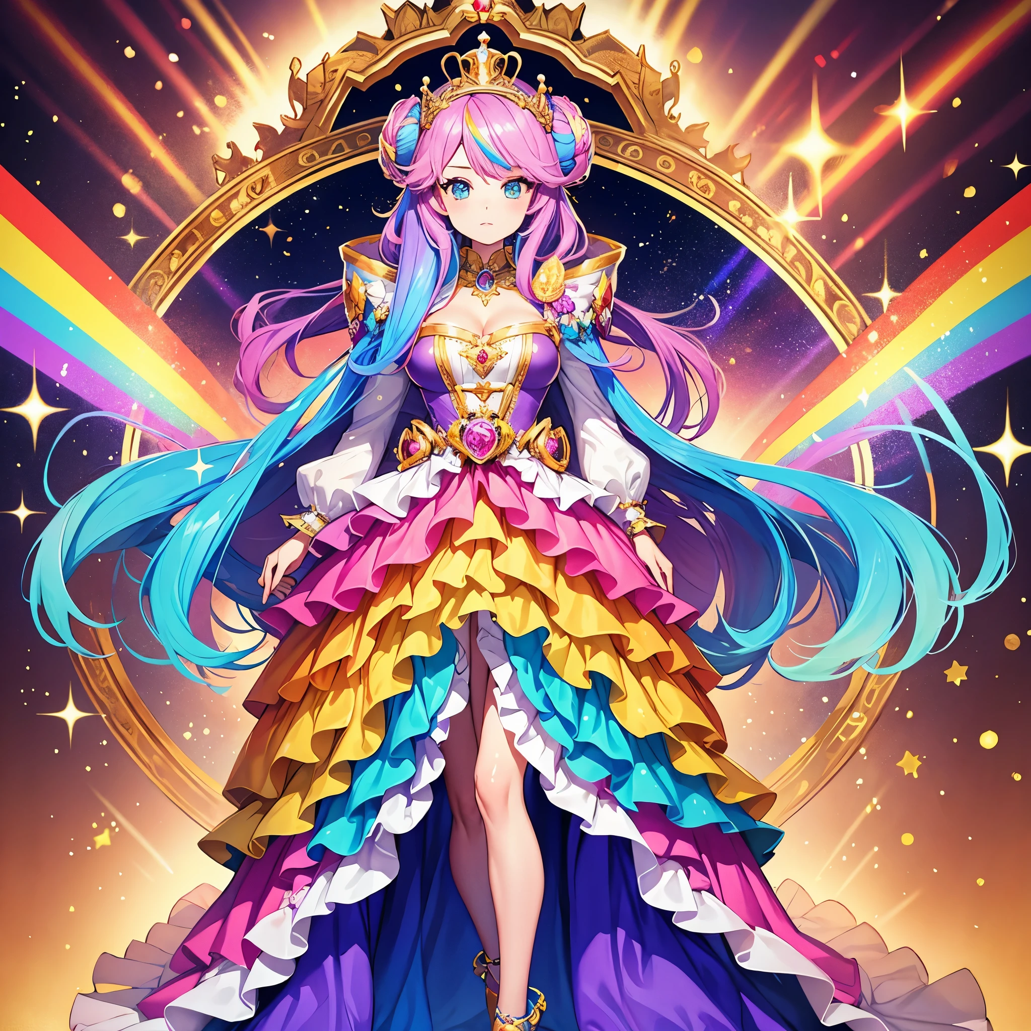 1girl, woman, candy queen, coronation robes, rainbow hair color, full body view