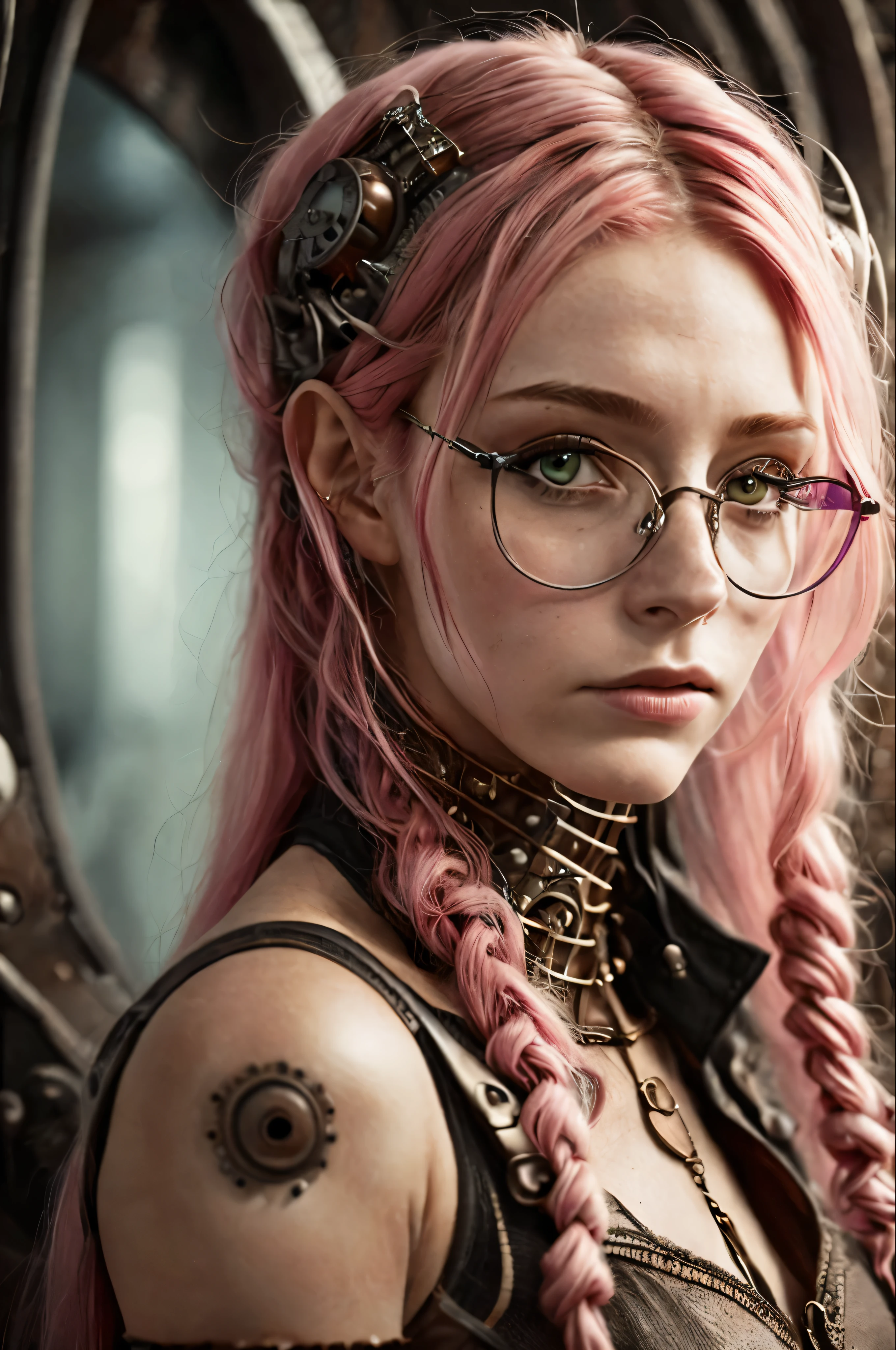 (Realistic:1.2), Analog Photography Style, beautiful elf woman, posing, with freckles, with glasses and long pink hair, braided., (steampunk dark fantasy atmosphere), Soft natural light, Cute and sexy, Great quality, masterpiece, detailed strange background, Better Performance, Quality: 16K, raw photo