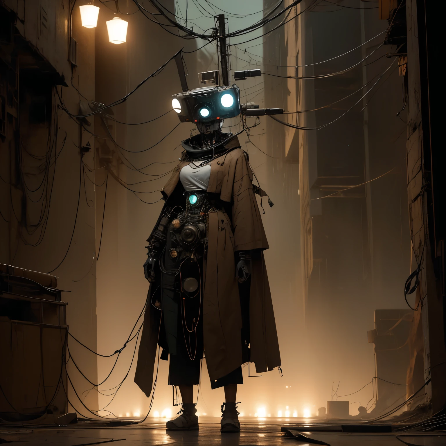 A robot being lifted into the air by wires, deteriorating mechanical body, humanoid female, tangled wires connecting to the back of the head, ominous, in a facility that is falling apart, at night, yellow glowing eyes, strung up from the ceiling,