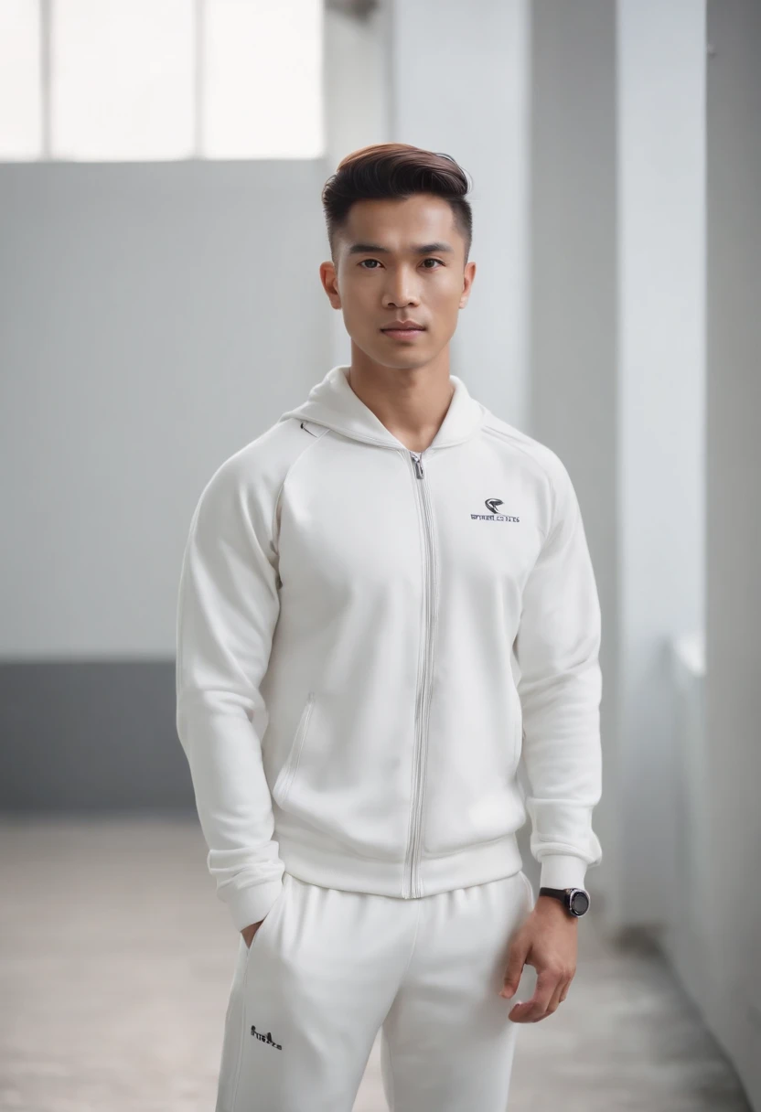 corporate style close up portrait of a young malay male coach, athletic body, white skin, long hair combed back to shoulder, wearing white tracksuit, hands in his pocket. detailed, high resolution, blurred training hall background,