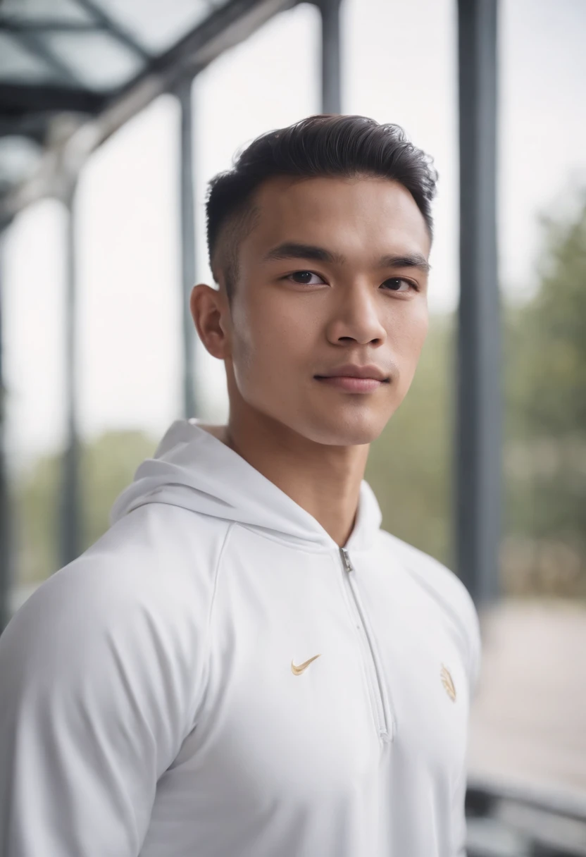corporate style close up portrait of a young malay male coach, athletic body, white skin, long hair combed back to shoulder, wearing white tracksuit, hands in his pocket. detailed, high resolution, blurred training hall background,