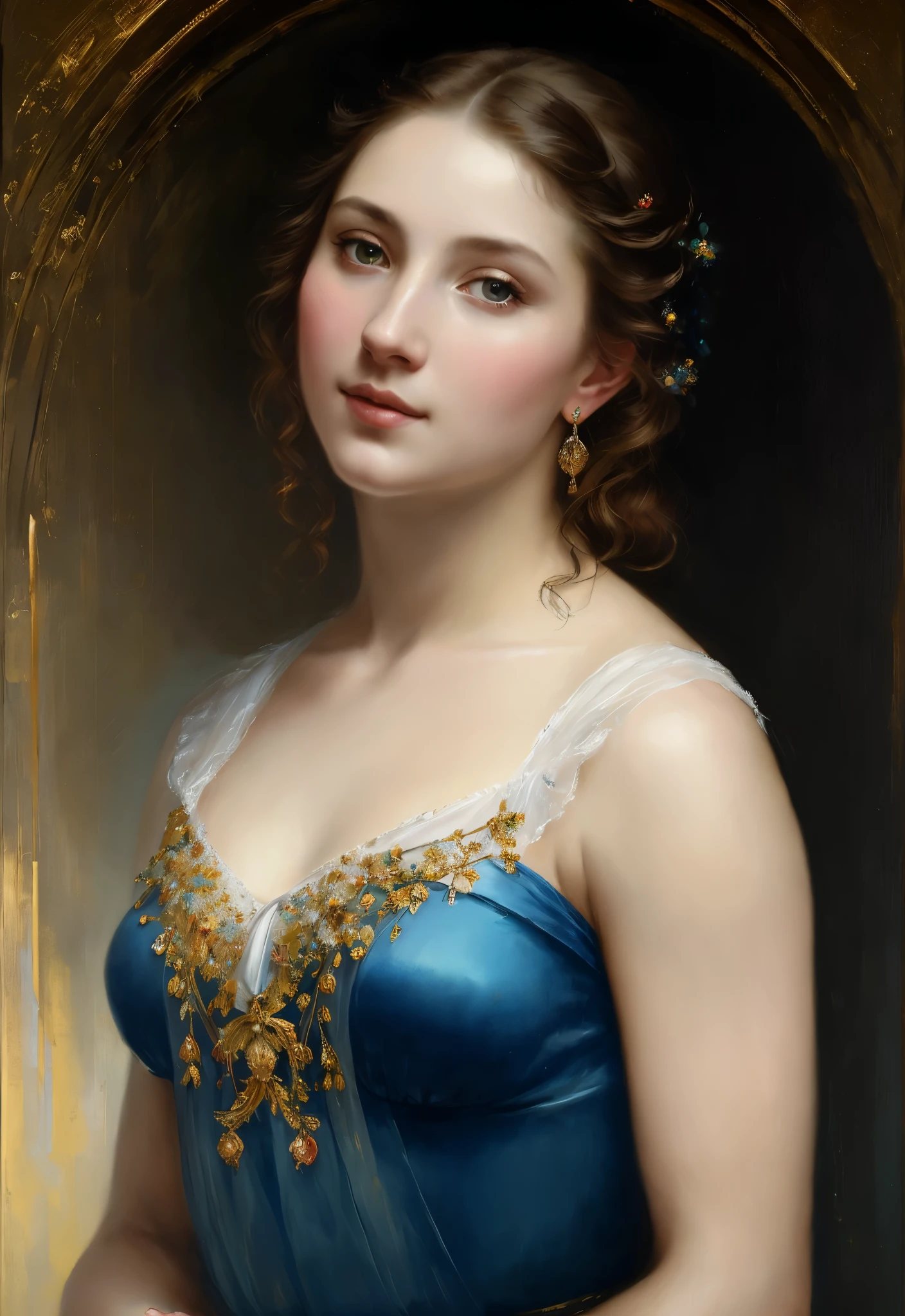 Masterpiece, Best quality, Ethereal beauty, portrait, girl, 35 years old Woman, middle ages, classicism, andrey atroshenko style, painting, traditional media, realistic, figurative, fine art, oil on canvas, HDR, 8K, original character, high resolution, high detail, focus on the face
