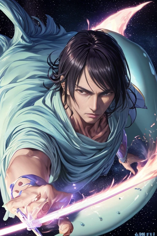 (best quality,4k,8k,highres,masterpiece:1.2),ultra-detailed,(realistic,photorealistic,photo-realistic:1.37),a close-up of a person holding a sword in space,2012 anime screenshot,a character with the power of freezing,epic anime with energy beings,2019 anime screenshot,a gigantic celestial deity,reincarnated as a slime,flying anime esper,the legendary spear-wielding god,anime screenshot of Kuro.