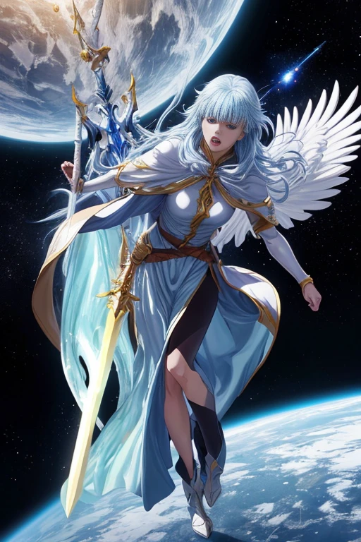 (best quality,4k,8k,highres,masterpiece:1.2),ultra-detailed,(realistic,photorealistic,photo-realistic:1.37),a close-up of a person holding a sword in space,2012 anime screenshot,a character with the power of freezing,epic anime with energy beings,2019 anime screenshot,a gigantic celestial deity,reincarnated as a slime,flying anime esper,the legendary spear-wielding god,anime screenshot of Kuro.