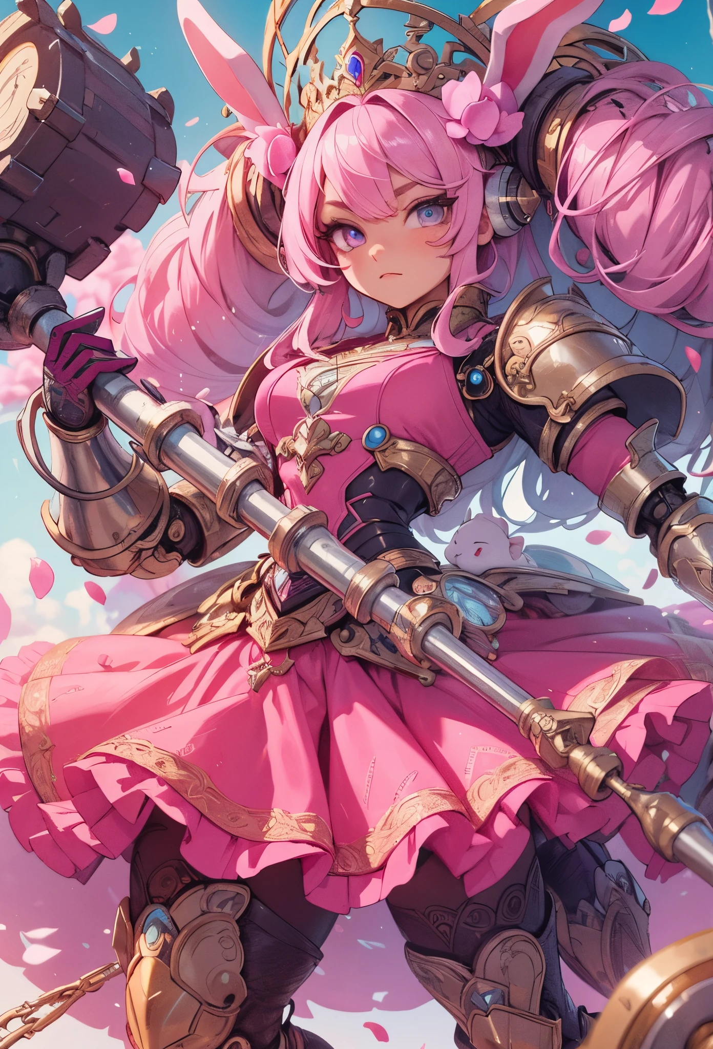 (Detailed illustrations,Very detailed and detailed drawing,Delicate lines with slow and rapid,Realistic texture expression),[Color tressed main line],(Battlefield of Fantasy World [Burning castle]),(GIRL ROBOT 12yo (Pink rabbit [METALFACE])) [WEAPON MACHINE],(([petal] Metal Dress [frills]) [Floral pattern] [Clear pink translucent armor covering the body surface]) [ribbon]) [Energy tube glowing at the joint],[use a sledgehammer as a weapon],[[Mobile Weapon Gigant Size][Science Fiction Mechanical]],(Metallic luster at metal),(Intricate and beautiful decoration [Dense detail]),(Precisely drawn face)[Perfect eye details(Iris beautifully drawn in every detail)[Jewel-like eyes]],[long and beautiful eyelashes],[Meticulously drawn hair [More on beautiful and shiny hair]],(Perfect hand details [Beautiful fingers without breakdowns [Beautiful nails]]),(Perfect Anatomy(Perfectly proportioned))[[full body portrait]],[Ideal color coordination(Accurate simulation of light-material interactions)],[Visual art that conveys a sense of narrative].