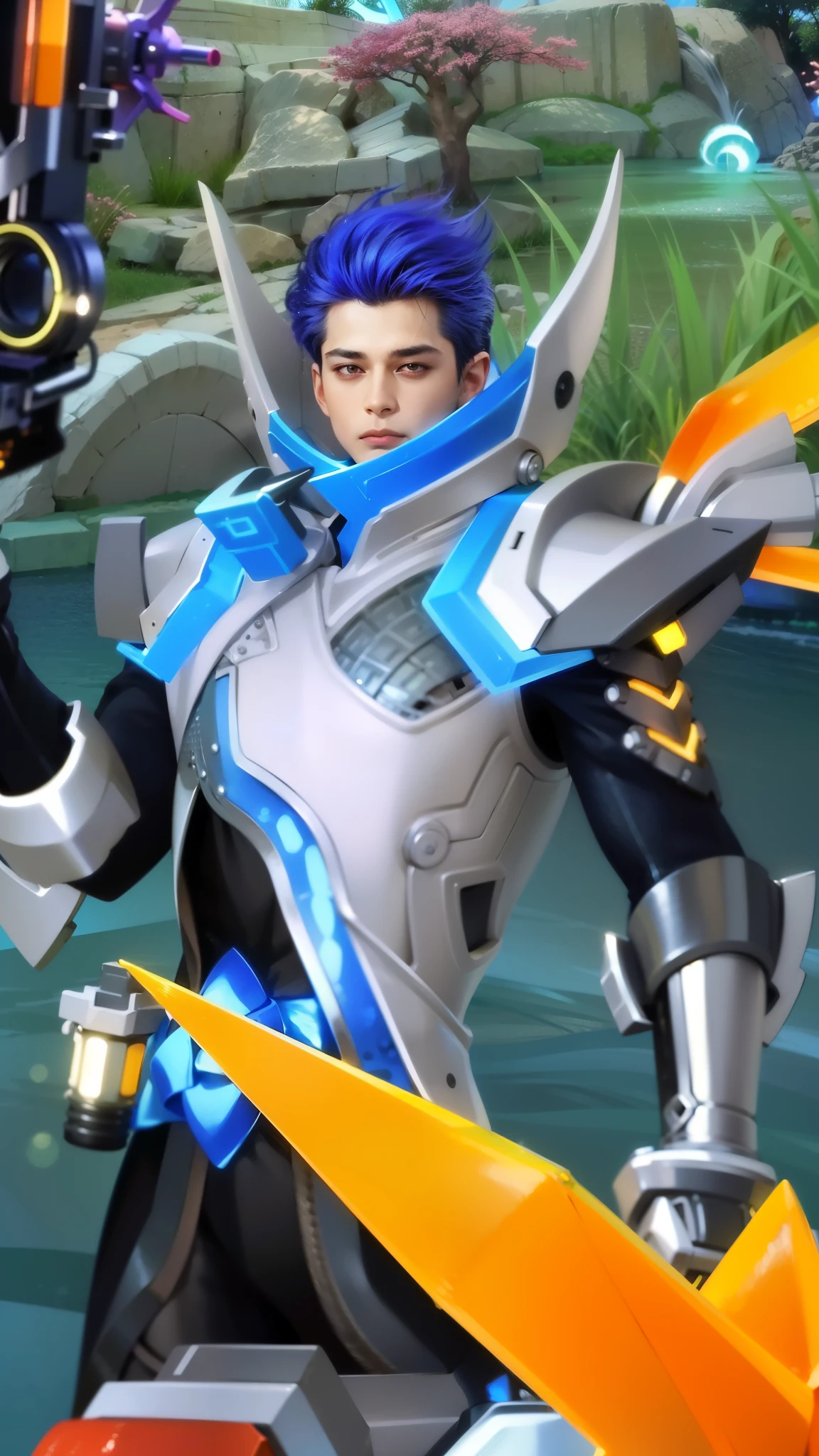 masculine male, masterpiece, ((perfect eyeest quality, (semirealism:1.9), beautiful lighting, (extremely detailed CG unity 4k fhd wallpaper), High Detail, Sharp focus, dramatic outdoors, 1 boy ,19 years old, blue hair, light purpel eyes, 1boy,blue hair, best quality, photo, 4k,looking at viewer,full body,wear red armor.