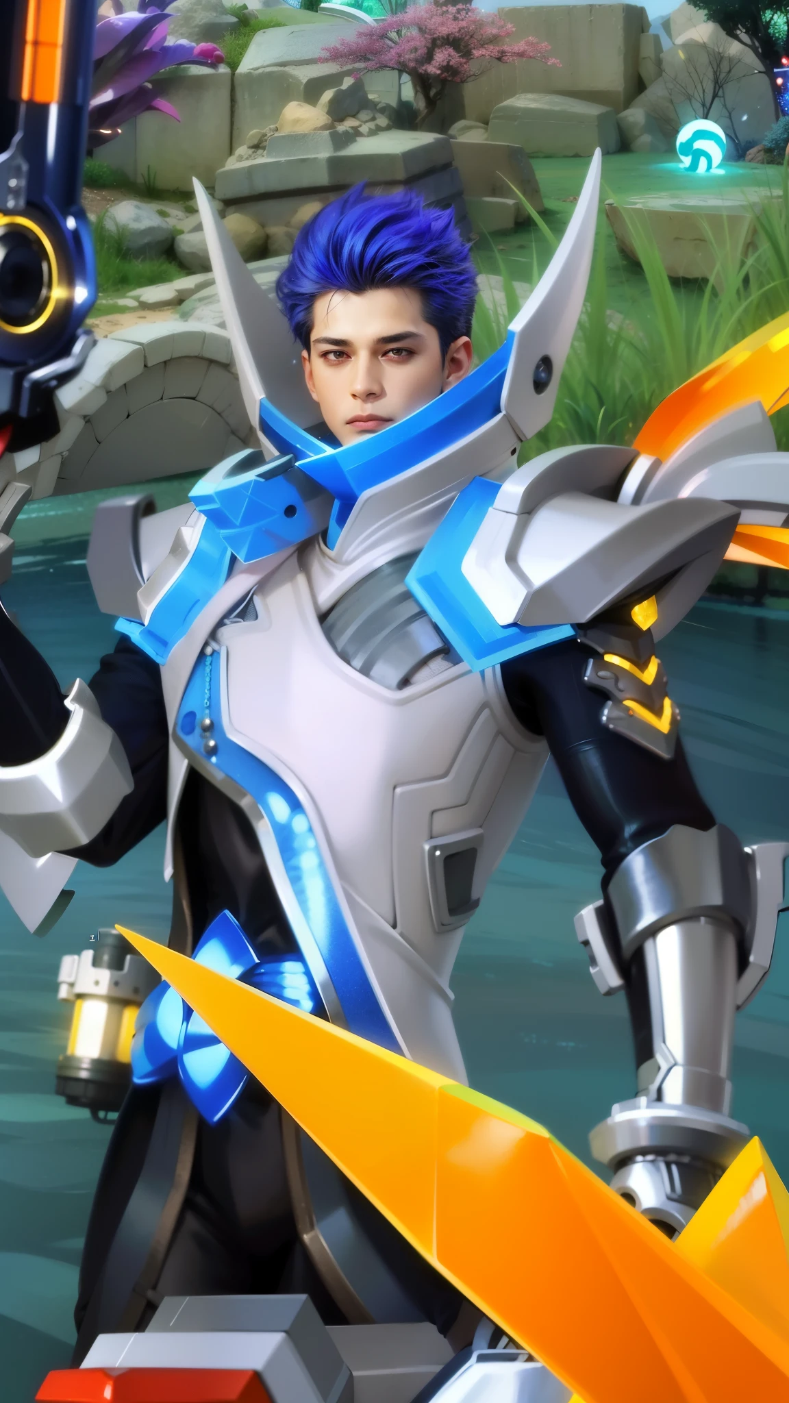 masculine male, masterpiece, ((perfect eyeest quality, (semirealism:1.9), beautiful lighting, (extremely detailed CG unity 4k fhd wallpaper), High Detail, Sharp focus, dramatic outdoors, 1 boy ,19 years old, blue hair, light purpel eyes, 1boy,blue hair, best quality, photo, 4k,looking at viewer,full body,wear red armor.