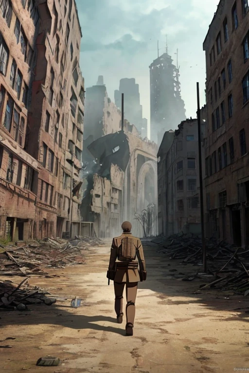 Animated scene of a man walking on a dirt road in front of a castle, attack on titan scenery, Ruined city in the background, Ruined city in the background, city ruins in the background, A ruined city in the background, destroyed city in background, (attack on titan animation), cityscape ruins in the distance, Screenshot of the 2012 animation