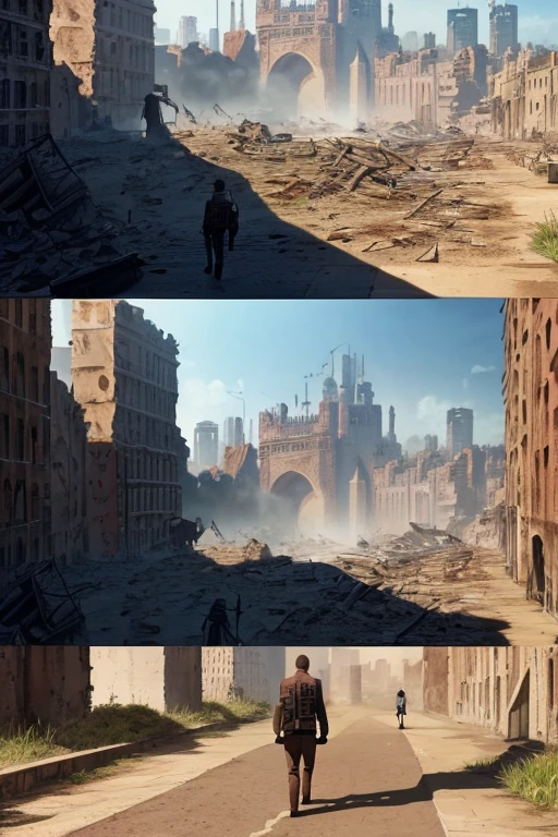 Animated scene of a man walking on a dirt road in front of a castle, attack on titan scenery, Ruined city in the background, Ruined city in the background, city ruins in the background, A ruined city in the background, destroyed city in background, (attack on titan animation), cityscape ruins in the distance, Screenshot of the 2012 animation