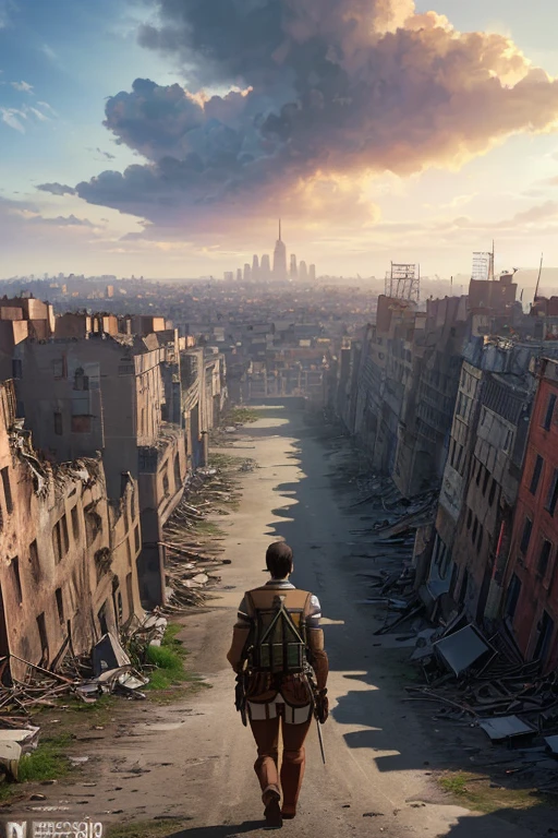 (a man walking on a dirt road in front of a castle, Attack on Titan landscape, ruined city in the background, ruined city in the background, city ruins in the background, city ruins in the background, destroyed city in the background, (Attack on Titan animation), distant cityscape ruins, screenshot from 2012 animation),(best quality,4k,8k,highres,masterpiece:1.2),ultra-detailed,(realistic,photorealistic,photo-realistic:1.37), HDR,UHD,studio lighting,ultra-fine painting,sharp focus,physically-based rendering,extreme detail description,professional,vivid colors, bokeh, concept artists)