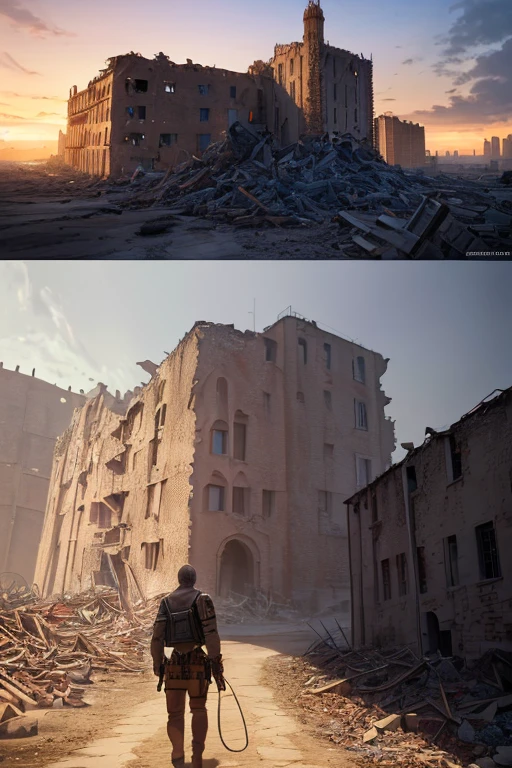 (a man walking on a dirt road in front of a castle, Attack on Titan landscape, ruined city in the background, ruined city in the background, city ruins in the background, city ruins in the background, destroyed city in the background, (Attack on Titan animation), distant cityscape ruins, screenshot from 2012 animation),(best quality,4k,8k,highres,masterpiece:1.2),ultra-detailed,(realistic,photorealistic,photo-realistic:1.37), HDR,UHD,studio lighting,ultra-fine painting,sharp focus,physically-based rendering,extreme detail description,professional,vivid colors, bokeh, concept artists)