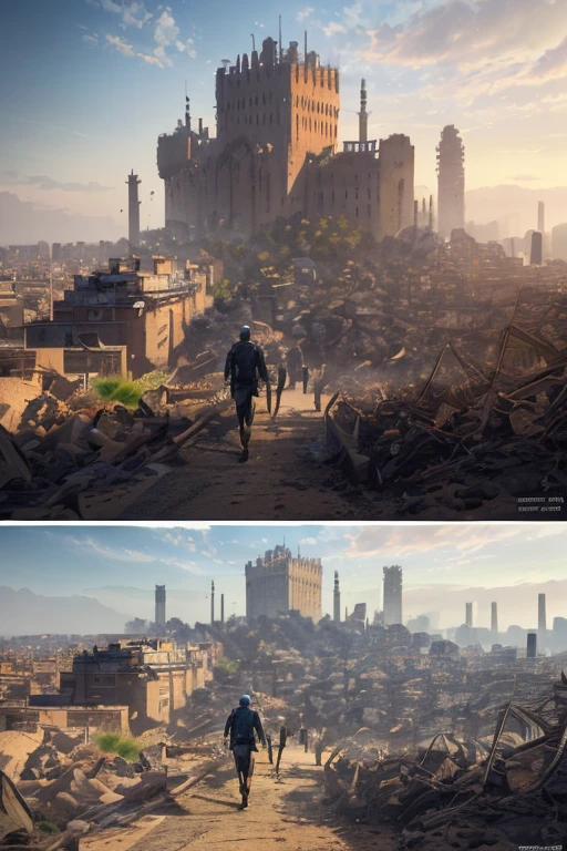 (a man walking on a dirt road in front of a castle, Attack on Titan landscape, ruined city in the background, ruined city in the background, city ruins in the background, city ruins in the background, destroyed city in the background, (Attack on Titan animation), distant cityscape ruins, screenshot from 2012 animation),(best quality,4k,8k,highres,masterpiece:1.2),ultra-detailed,(realistic,photorealistic,photo-realistic:1.37), HDR,UHD,studio lighting,ultra-fine painting,sharp focus,physically-based rendering,extreme detail description,professional,vivid colors, bokeh, concept artists)