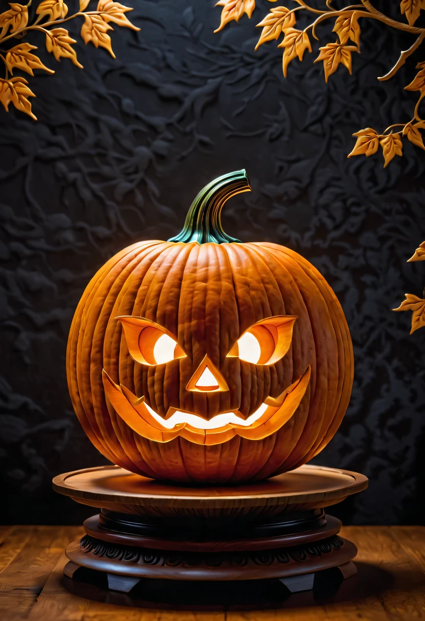 minimalist,Super detailed pumpkin carving,pumpkin relief,pumpkin art,Embossed art,Elaborate relief,,surreal, high detail, detailed, lifelike, natural pumpkin color, table decorations,Carved tree pattern,Glowing lanterns,high contrast,best shadow,chiaroscuro,minimalist风格, background