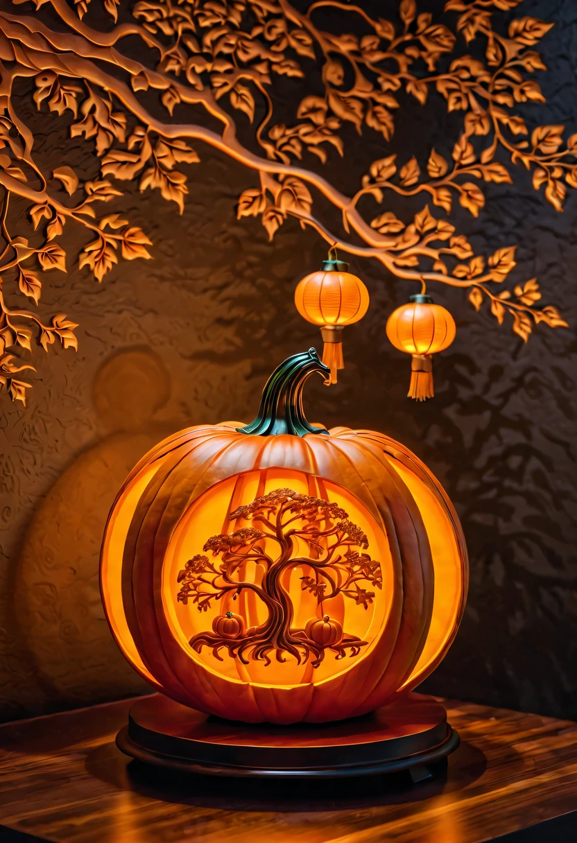 minimalist,pumpkin relief,pumpkin art,Embossed art,Elaborate relief,,surreal, high detail, detailed, lifelike, natural pumpkin color, table decorations,Carved tree pattern,Glowing lanterns,high contrast,best shadow,chiaroscuro,minimalist风格