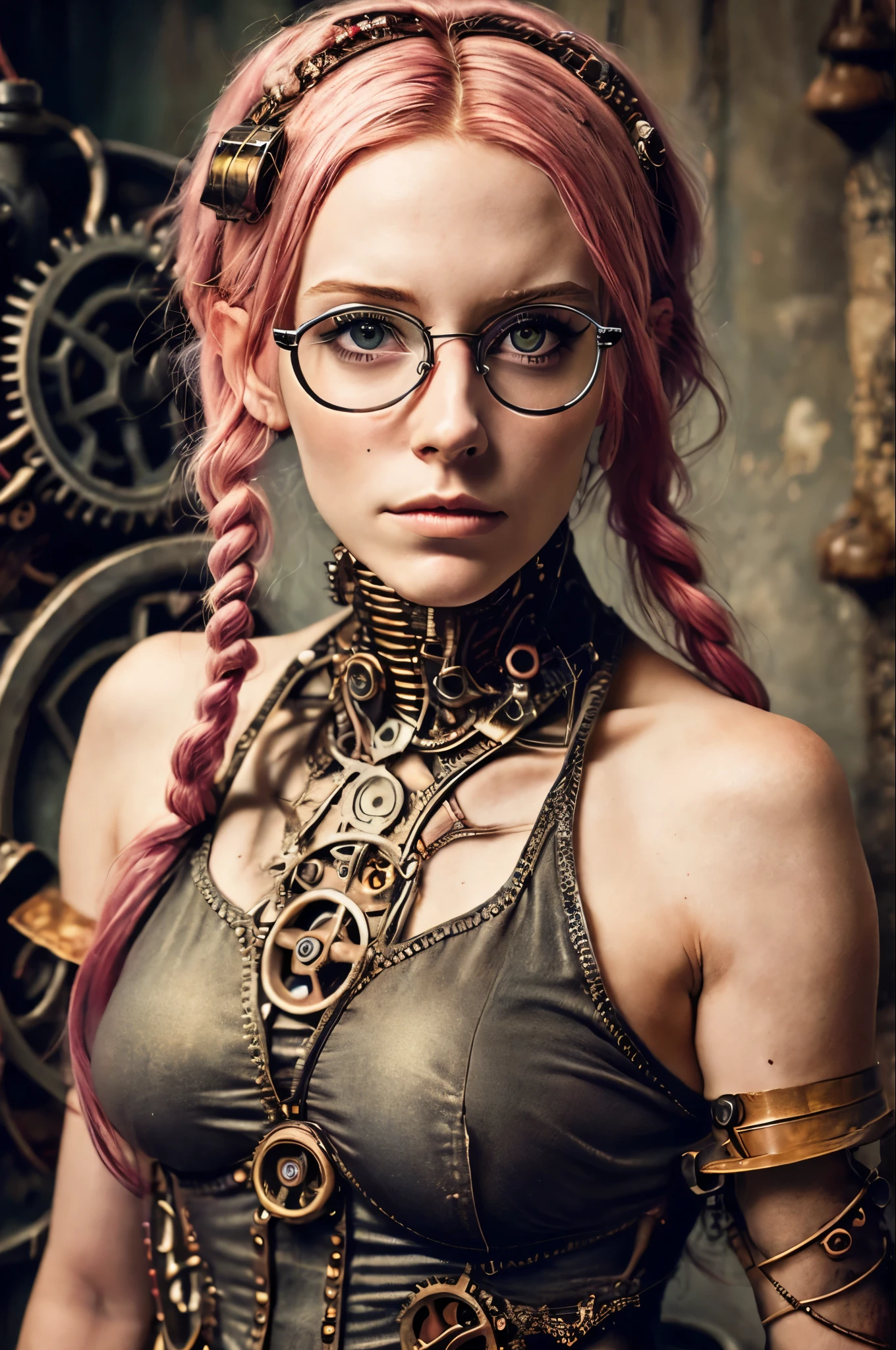 (Realisttic:1.2), analog photo style, Beautiful Elf woman, posing, with freckles and glasses and long pink hair braided, (steampunk dark fantasy atmosphere), soft natural light, cute and sexy, great quality, Masterpiece, detailed strange background, better performance, 16k quality, RAW photo