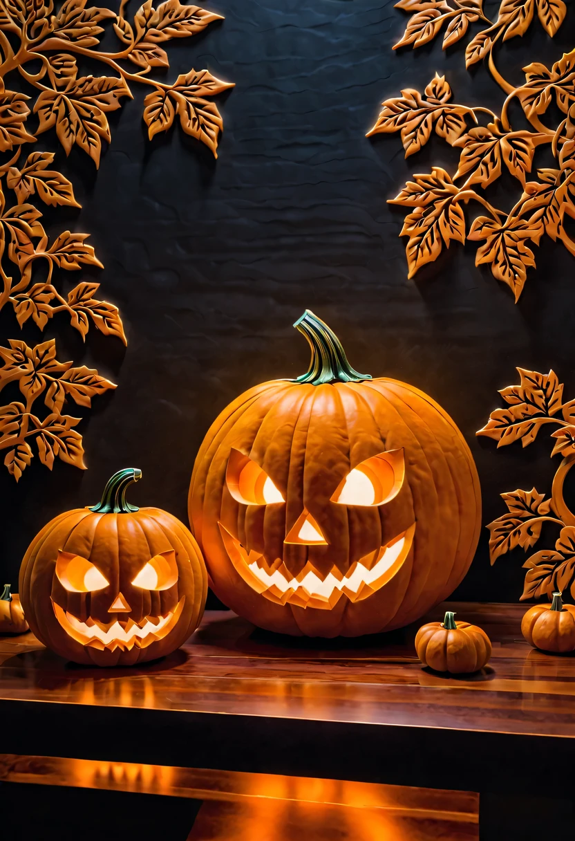 minimalist，Super detailed pumpkin carving，pumpkin relief,pumpkin art,Embossed art,Elaborate relief,，surreal, high detail, detailed, lifelike, natural pumpkin color, table decorations,Carved tree pattern,Glowing lanterns，high contrast，best shadow，chiaroscuro，minimalist风格