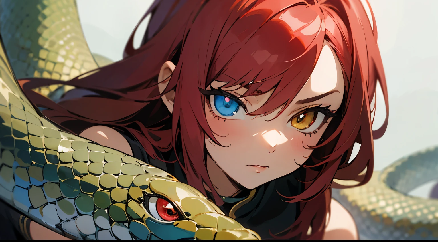 masterpiece, best quality, best quality, masterpiece, highres, focus, anime style, a closeup of a cartoon of a woman, girl design, portrait, giesha, anime image, long hair, red hair, heterochromia eyes, hair covering ears, polished and powerful look, exotic, snake girl, lamia, snake tail