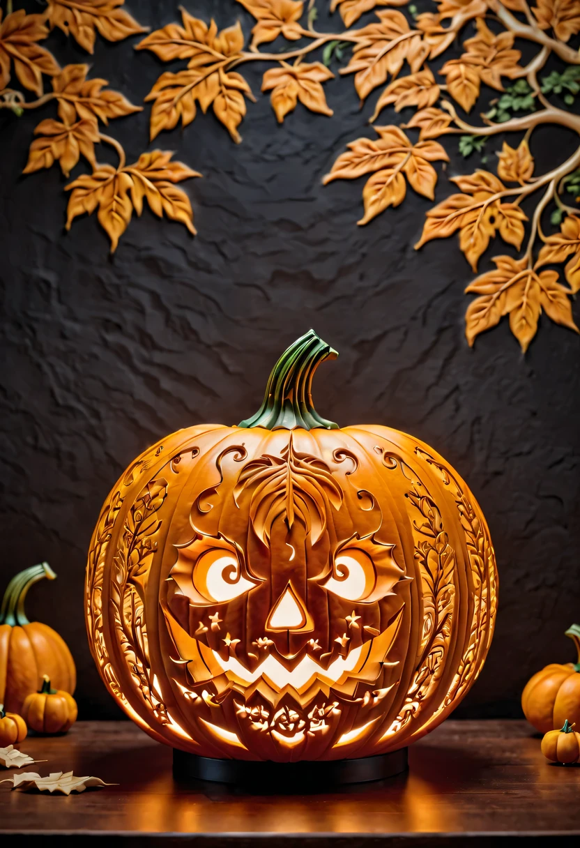 minimalist，Super detailed pumpkin carving，pumpkin relief,pumpkin art,Embossed art,Elaborate relief,，surreal, high detail, detailed, lifelike, natural pumpkin color, table decorations,Carved tree pattern,Glowing lanterns，high contrast，best shadow，chiaroscuro，minimalist风格