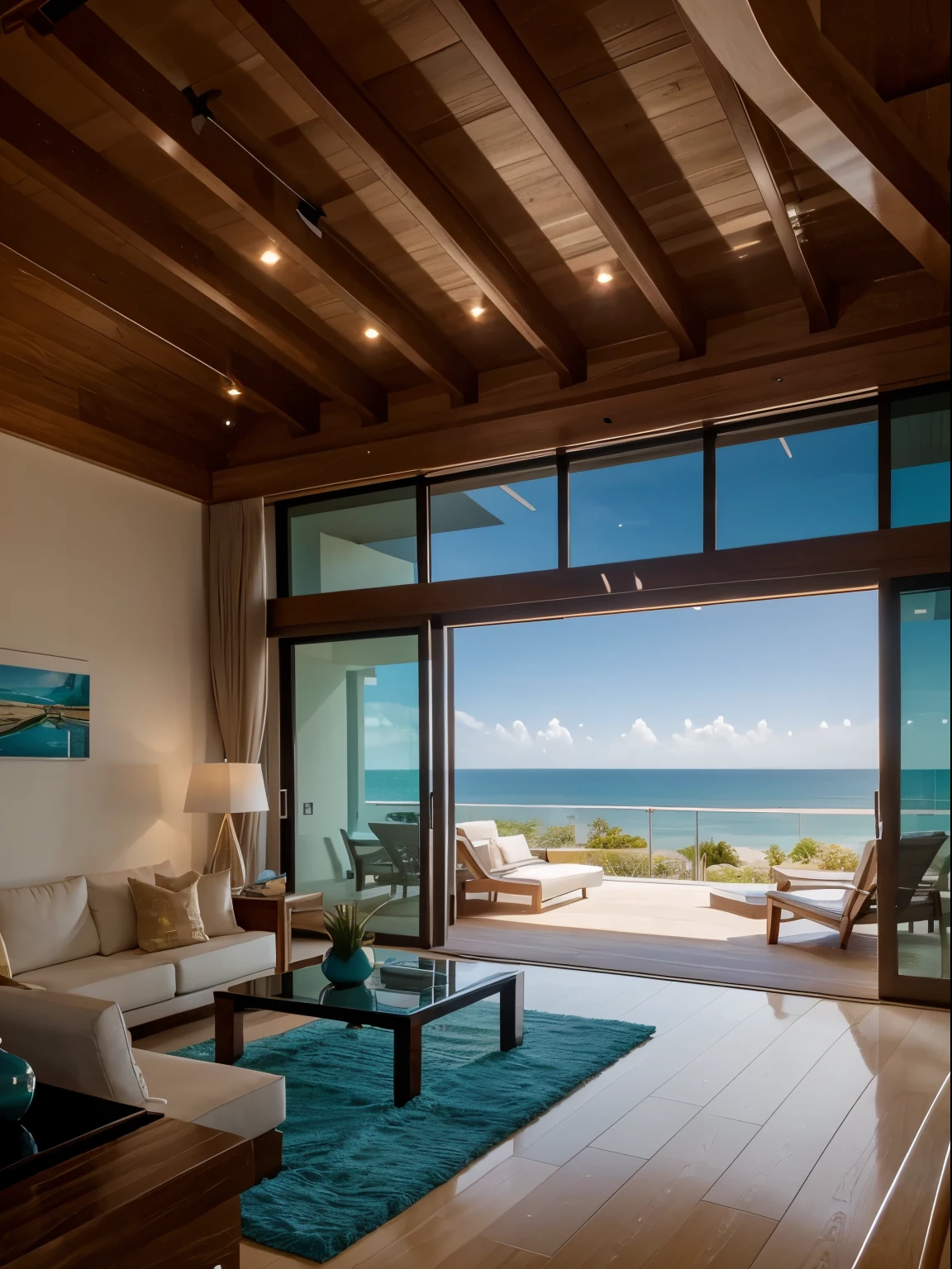(a big modern villa, located on sandy beach, big private yard, made of modern wood architecture:1.1), surreal sunset, ultra-realistic, 8k quality, HDR, vibrant colors, gentle ocean breeze, cascading palm trees, stunning reflection on the water, panoramic view, architectural masterpiece, artistically designed windows, sleek lines and curves, elegant interior design, spacious living room with floor-to-ceiling windows, open concept kitchen with state-of-the-art appliances, luxurious bedrooms with breathtaking ocean views, infinity pool with sparkling blue water, perfectly manicured garden with colorful flowers and exotic plants, cozy outdoor seating area with a fireplace, fine craftsmanship, sun-kissed wooden decks, seamless blend of indoor and outdoor spaces, modern furniture with clean lines, minimalist decor, warm and inviting atmosphere, tranquil and peaceful setting, paradise-like ambiance, secluded and private, a perfect retreat from the bustling city life, a haven of relaxation and luxury, capture the essence of modern coastal living.