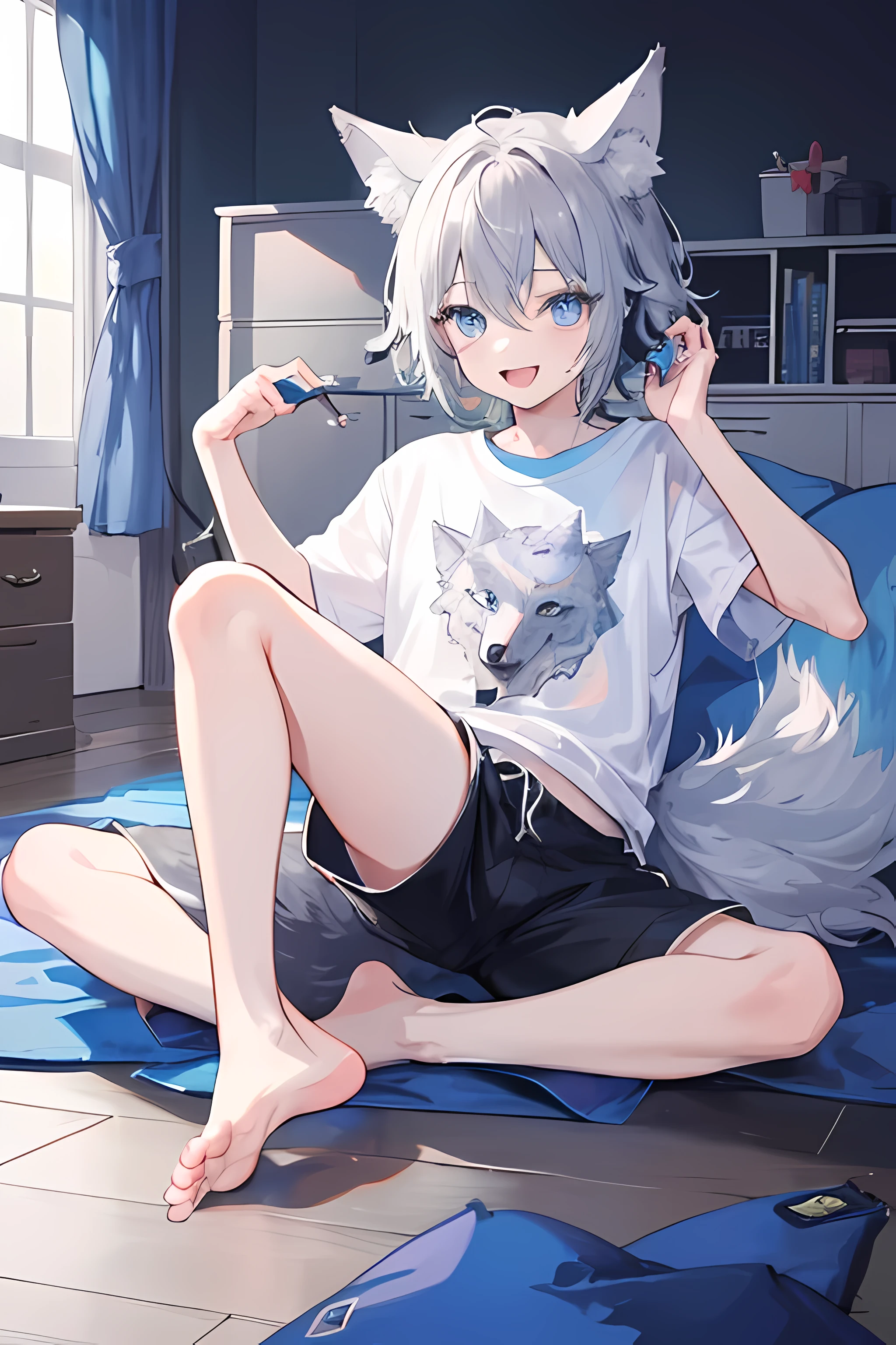 (2 boy), (Shota), (HD quality, masterpiece level), cute character, dark gray hair, ((blue shiny detailed eyes)), (wolf ears), (wolf tail:1.1), single tail, (earless ), little boy, (ears covered), (ears covered with hair), bunch of blue bangs, full body shot, chubby face, ((happy smile)), cute feet, cute face, solo, cinematic lighting, (single wolf tooth :1.3), ((short shorts, wearing a t-shirt))...