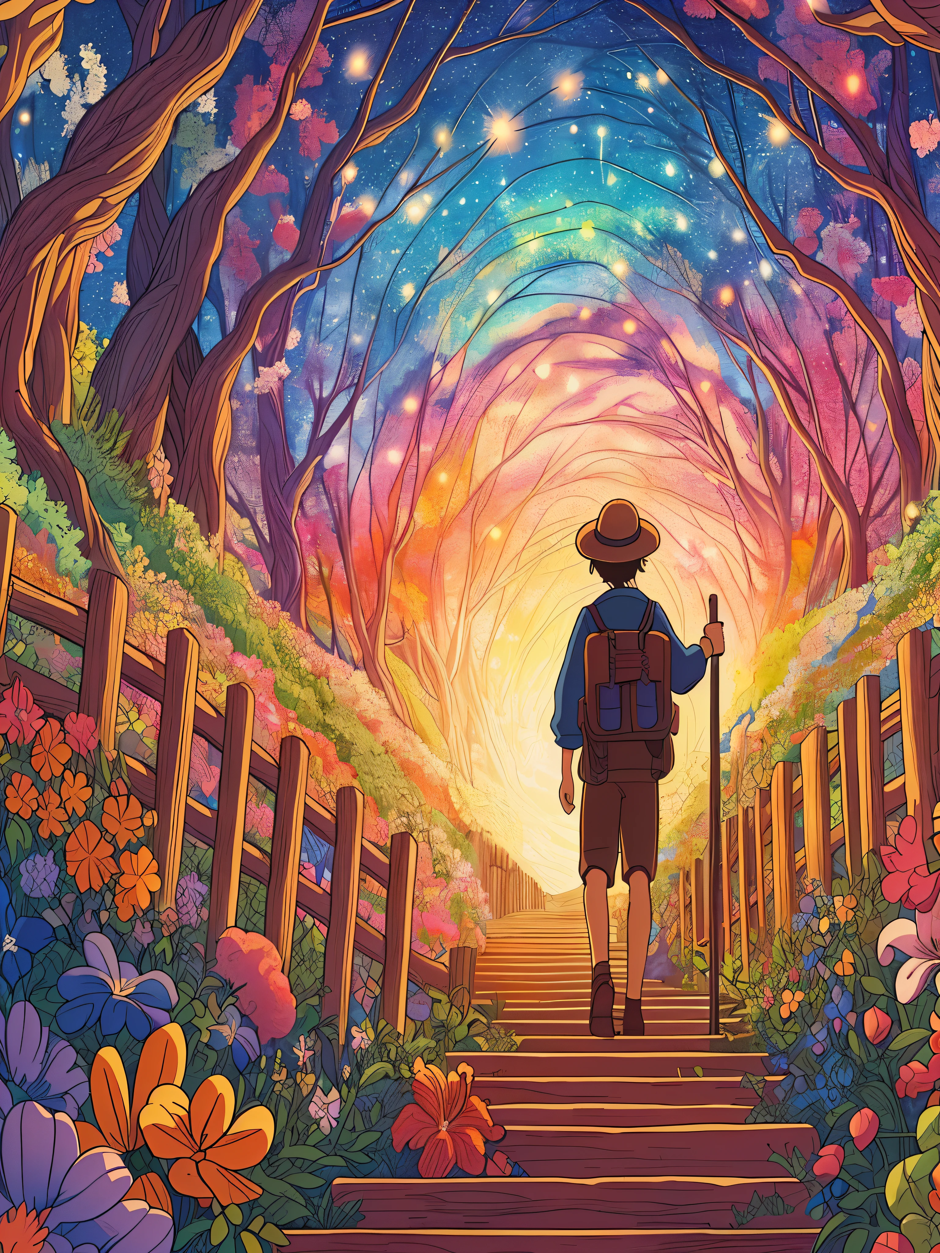 Draw an anime simple art scene of a man with hat and trekking pole Amidst the kaleidoscope of unearthly blossoms, staircase, wooden fencing, the adventurer discovers a hidden path weaving through trail full of wildflowers, the celestial sky, lofi, ghibli style, vibrant color tones, sunset, mysterious trees